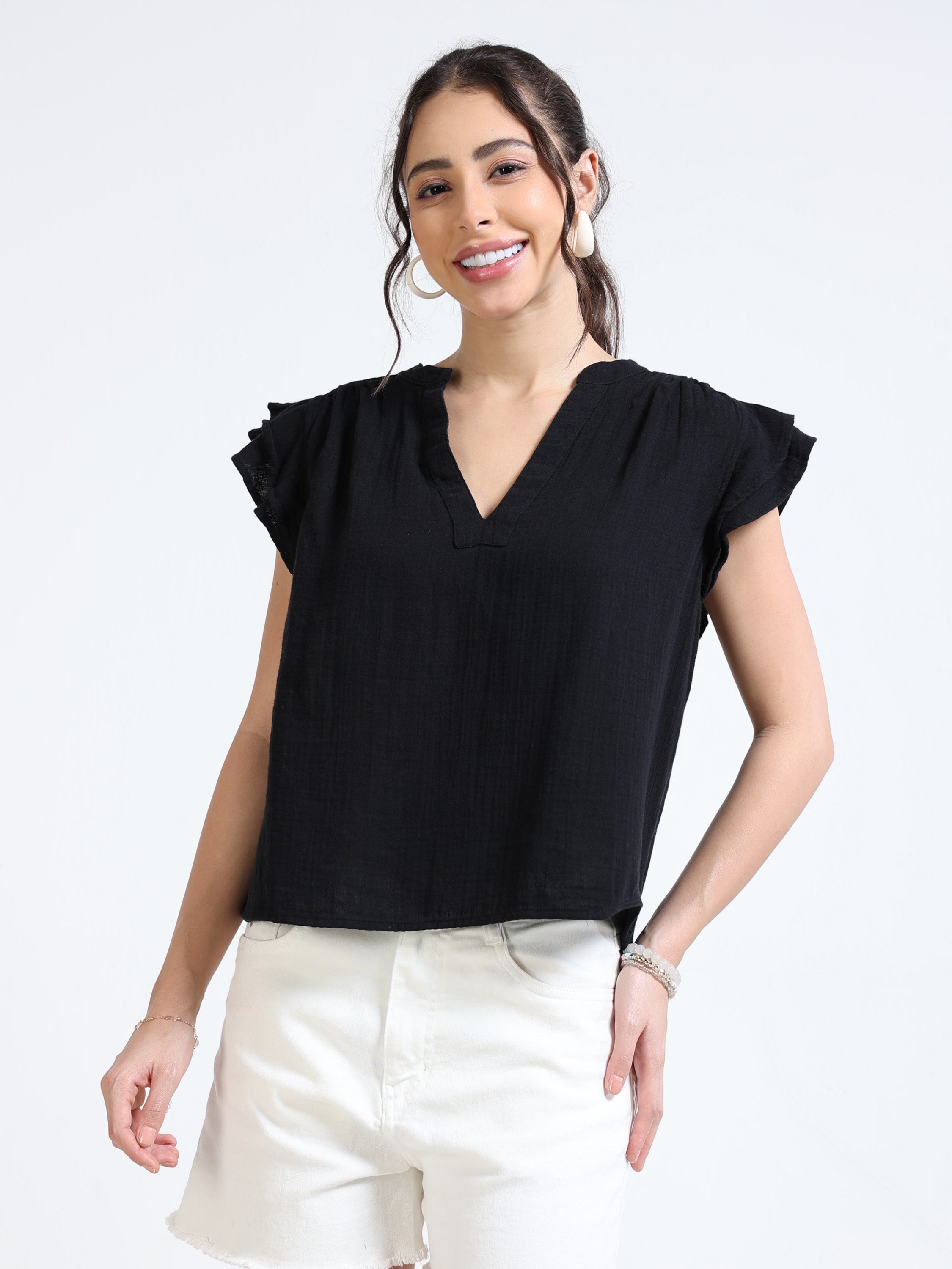 Women Black Double Cloth Cotton Top