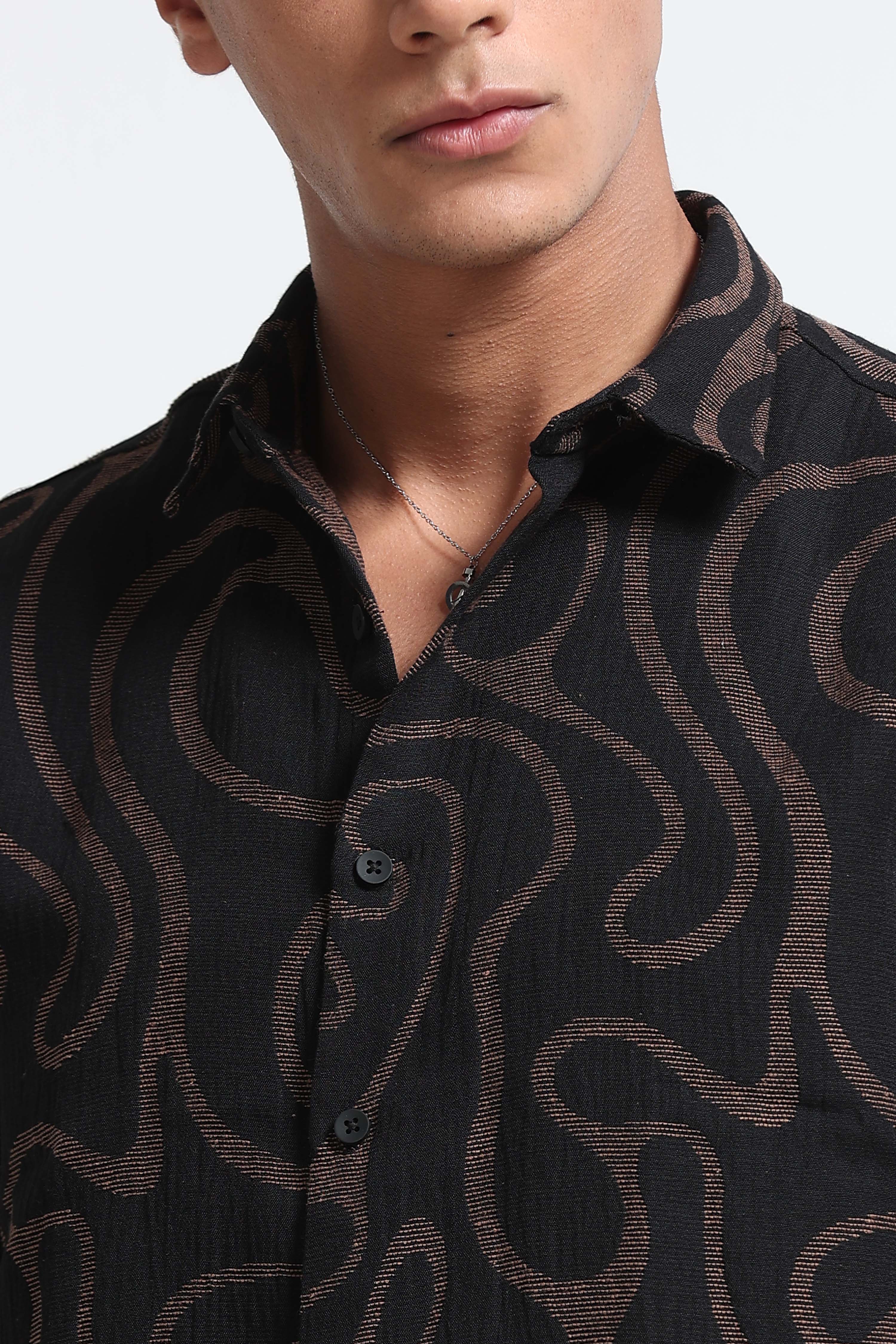 Men Beige Black Jacquard Boxy Fit Shirt