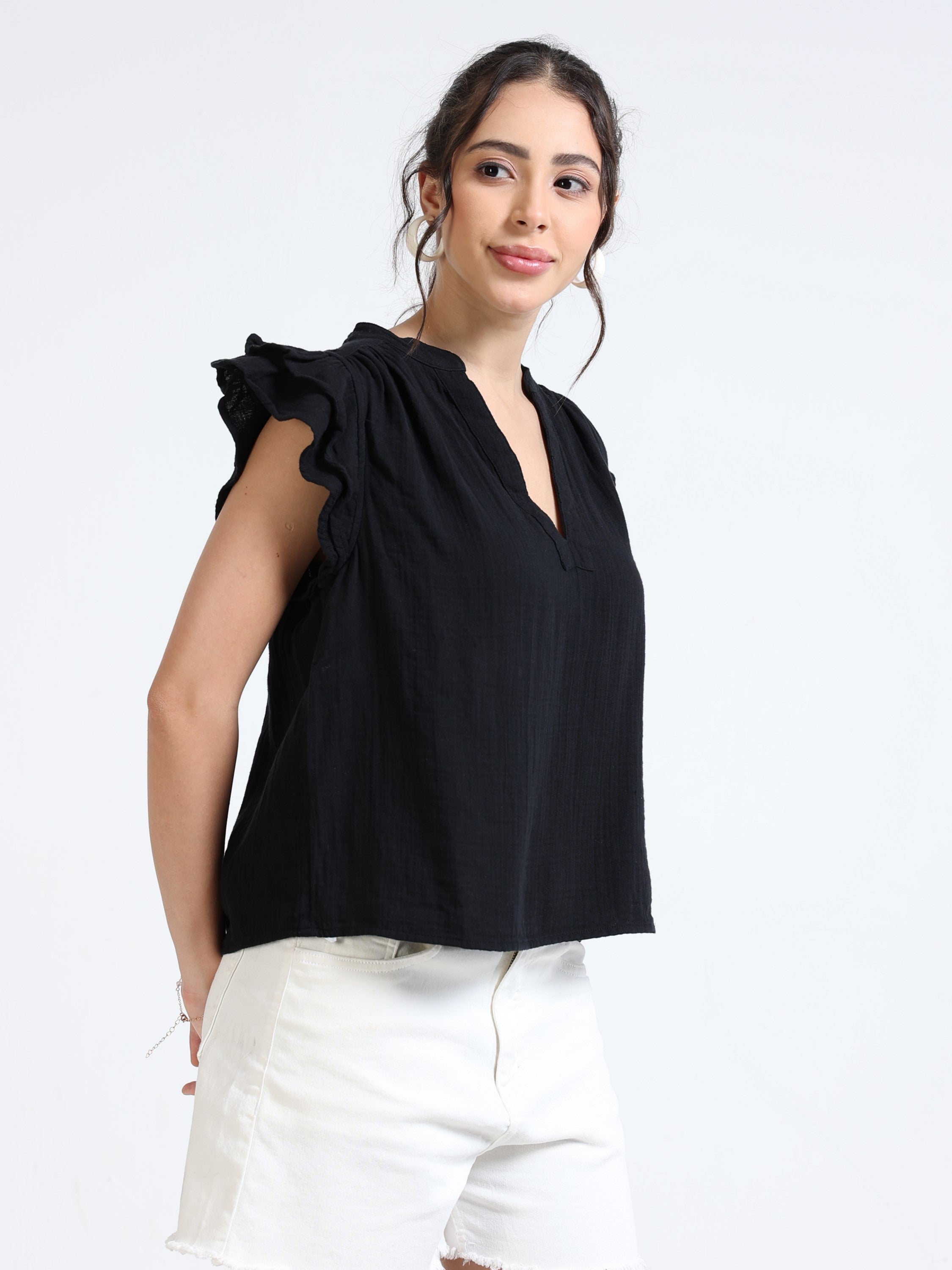 Women Black Double Cloth Cotton Top