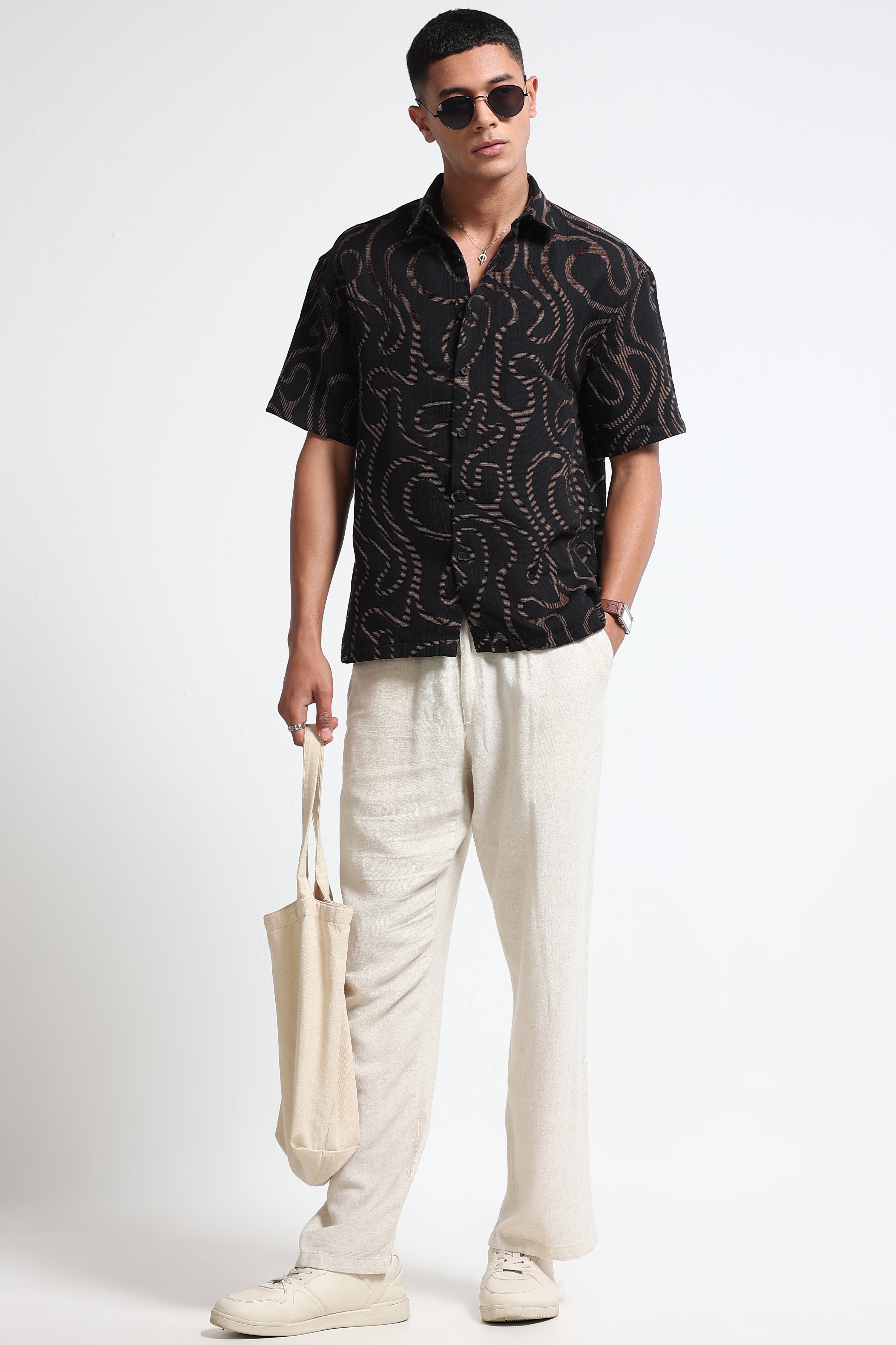 Men Beige Black Jacquard Boxy Fit Shirt