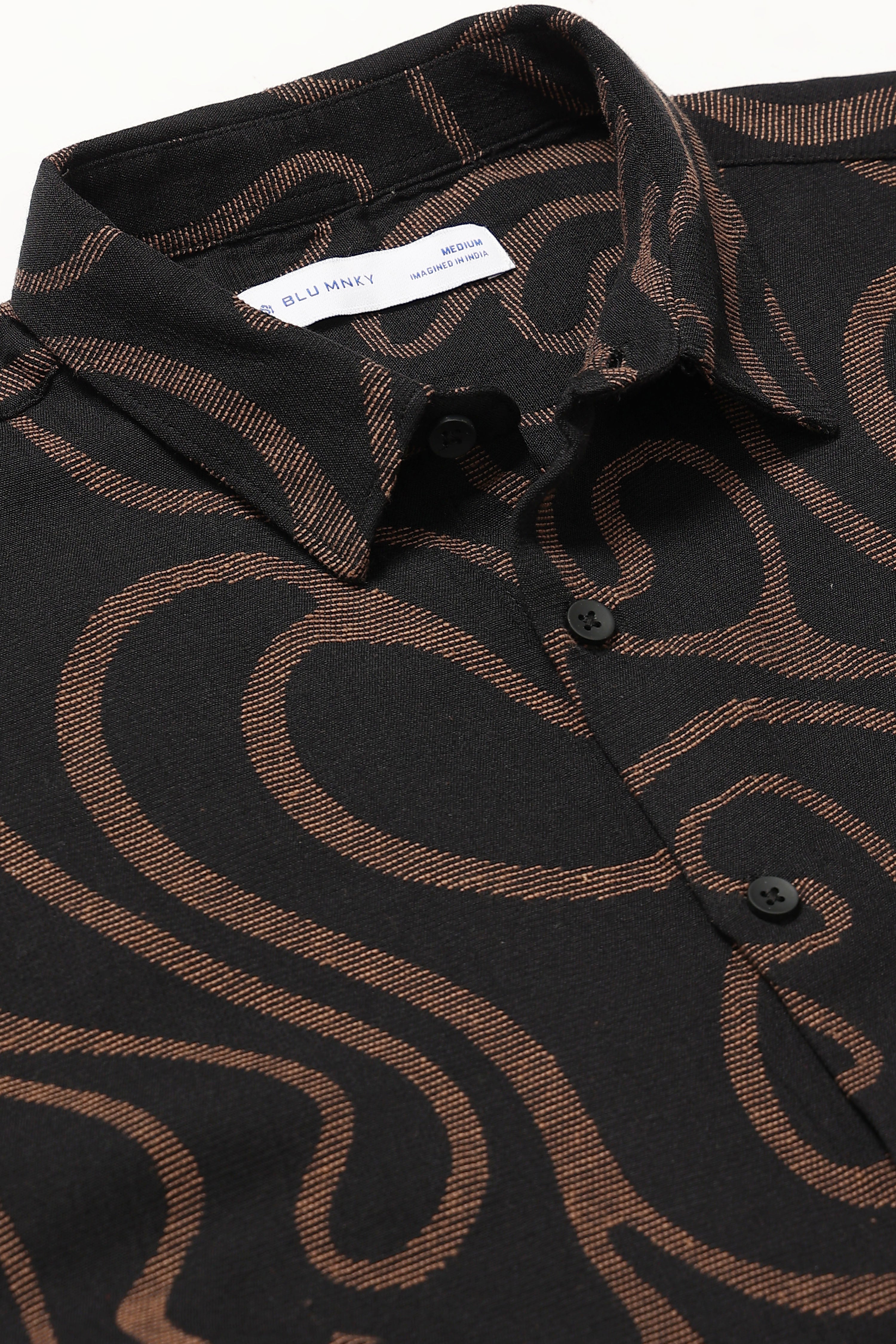 Men Beige Black Jacquard Boxy Fit Shirt