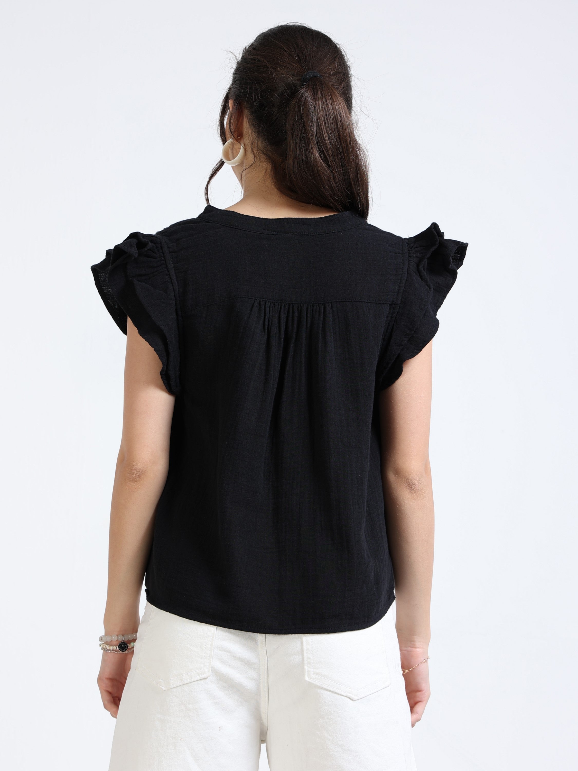 Women Black Double Cloth Cotton Top