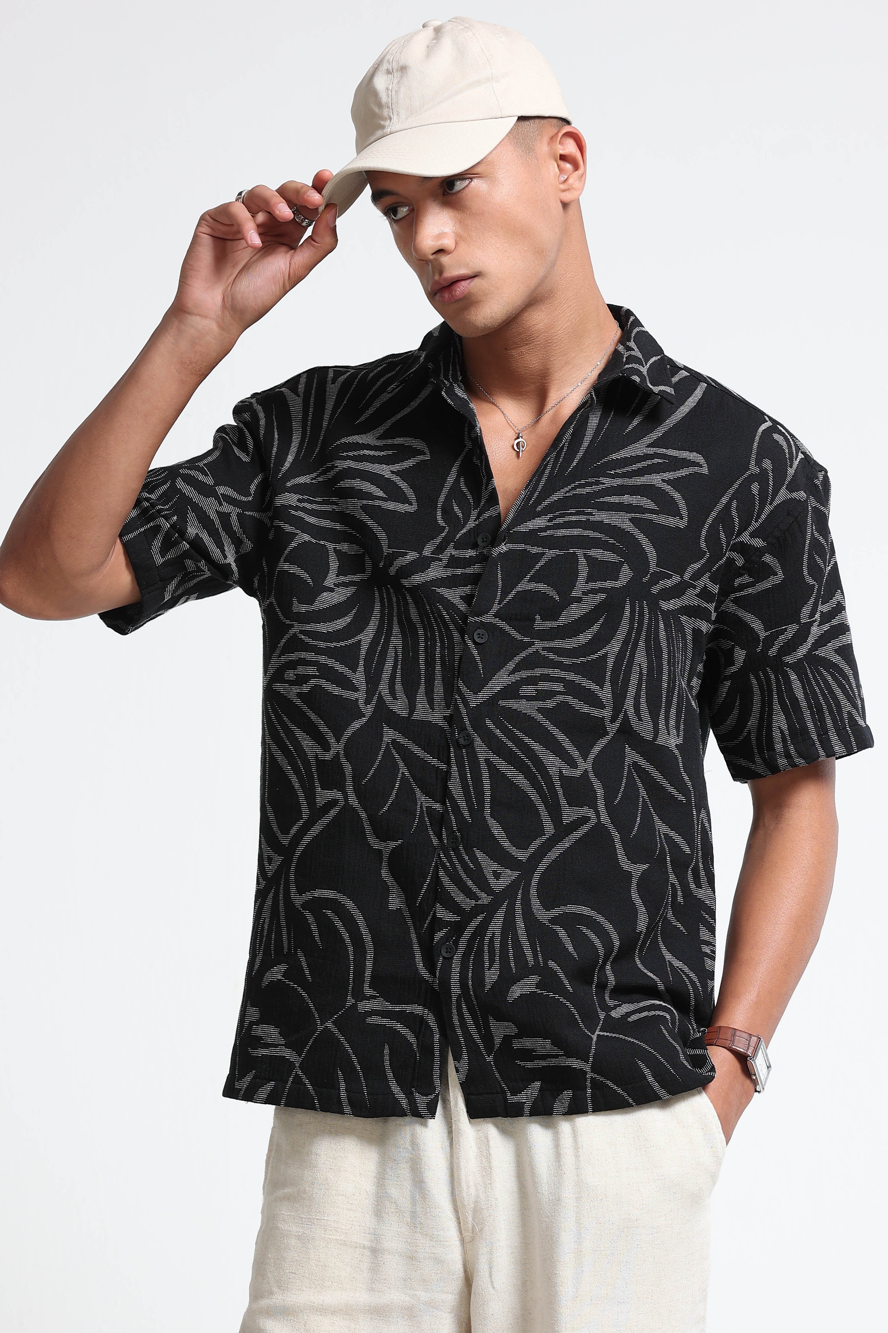 Men Black White Jacquard Boxy Fit Shirt