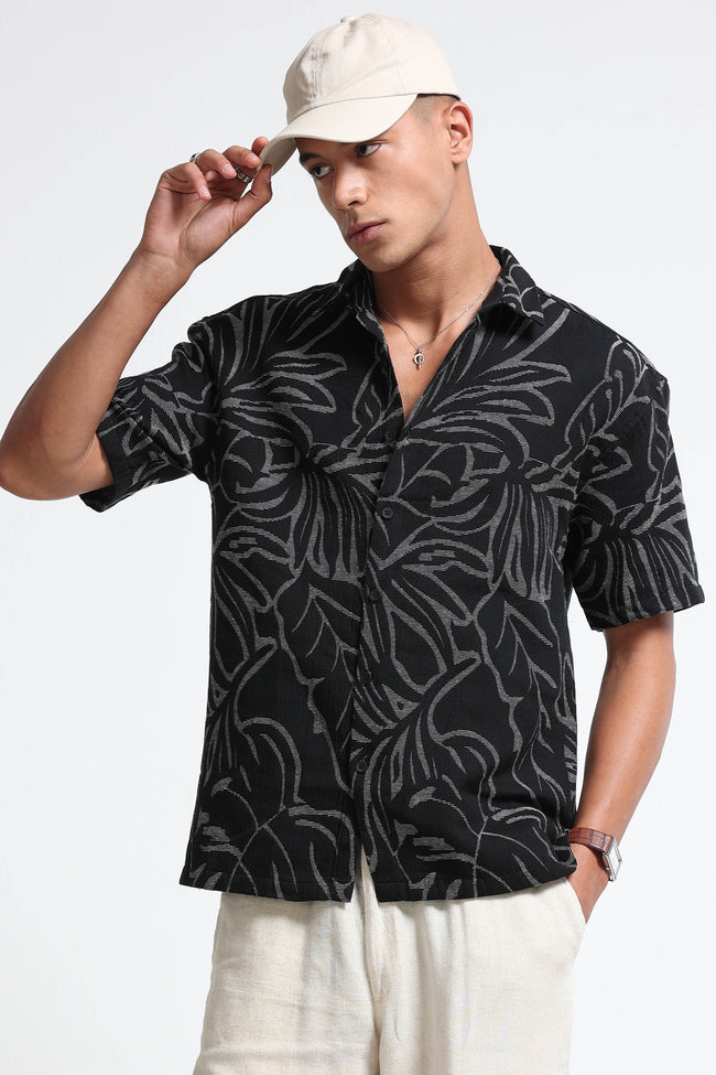 Men Black White Jacquard Boxy Fit Shirt