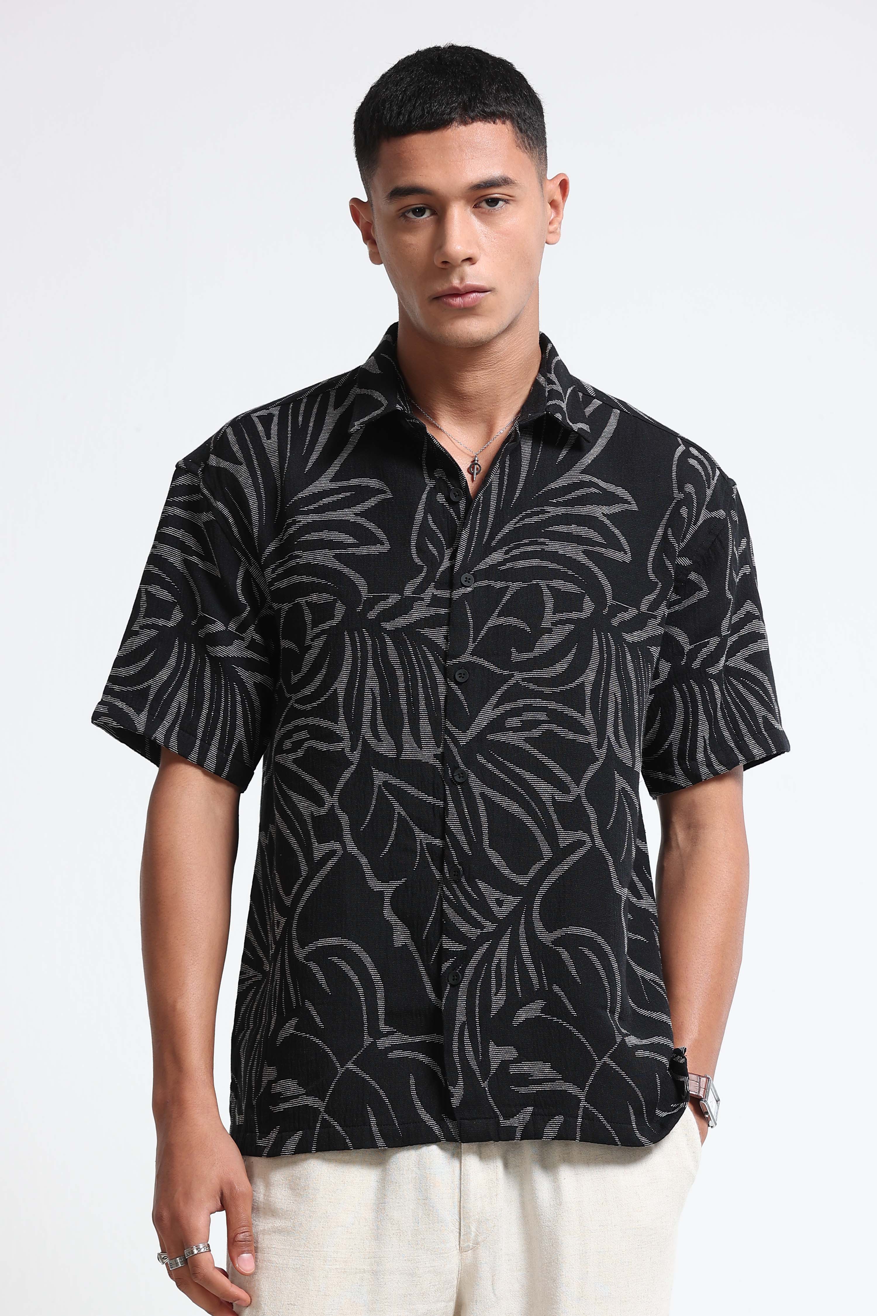 Men Black White Jacquard Boxy Fit Shirt
