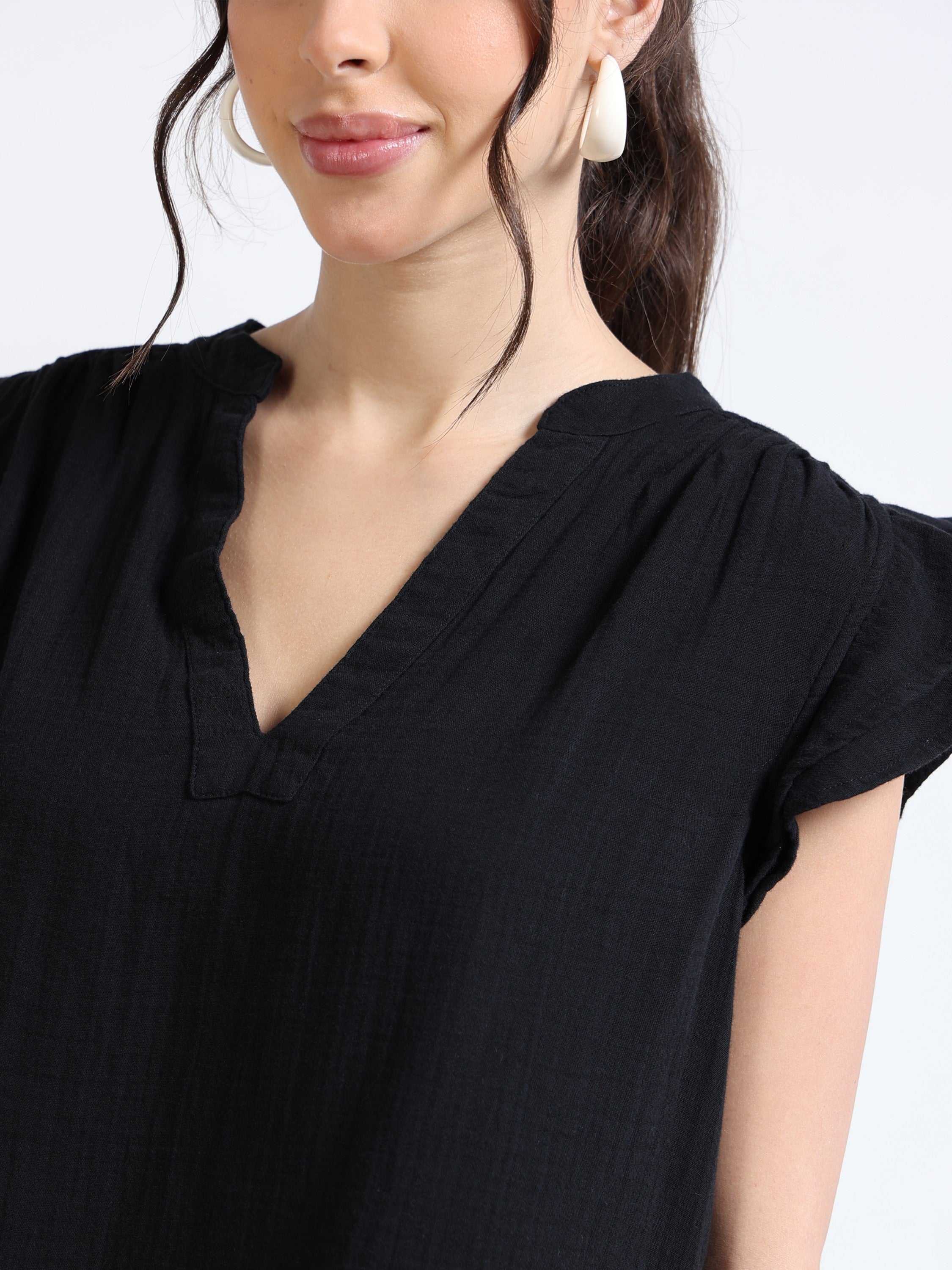 Women Black Double Cloth Cotton Top