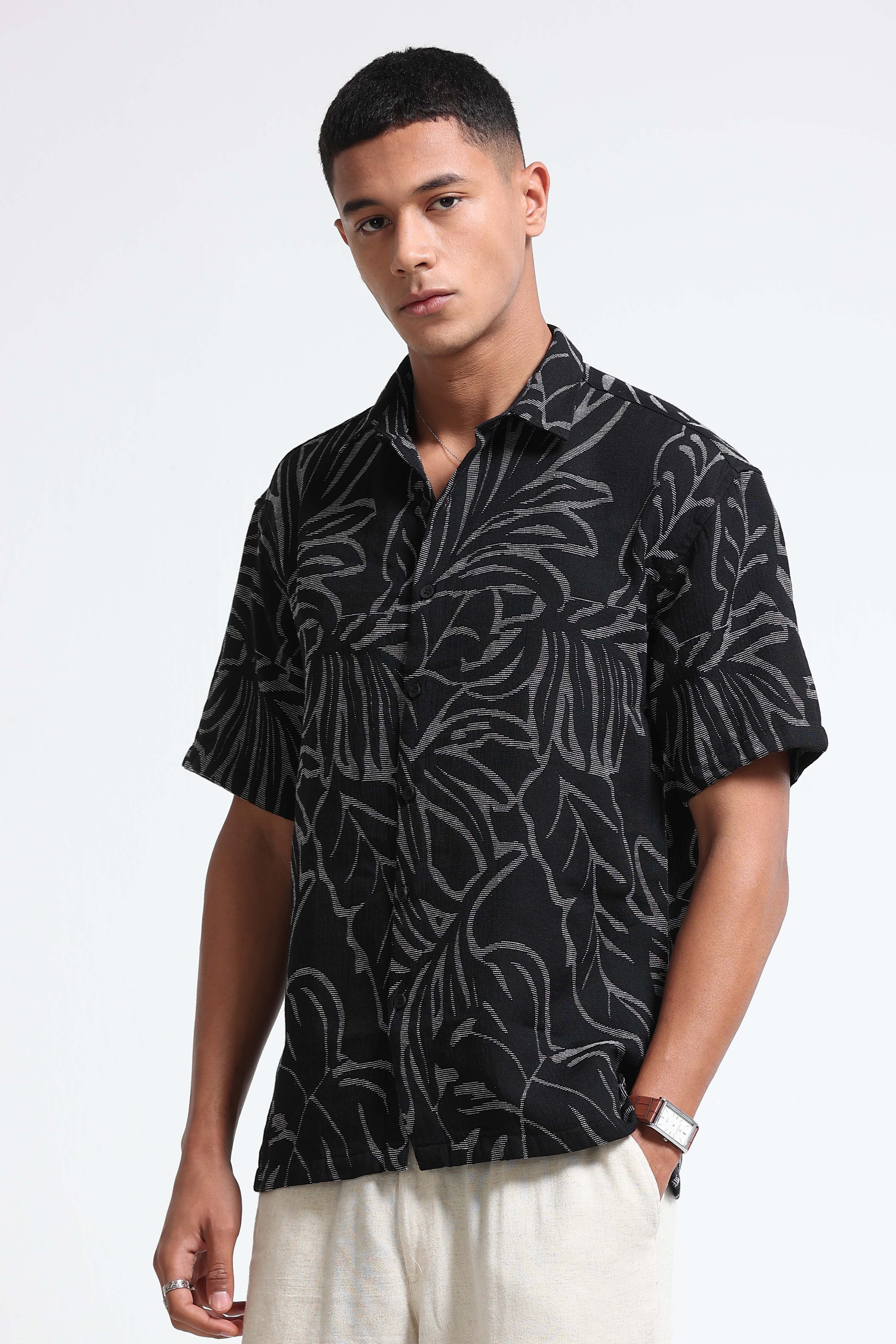 Men Black White Jacquard Boxy Fit Shirt