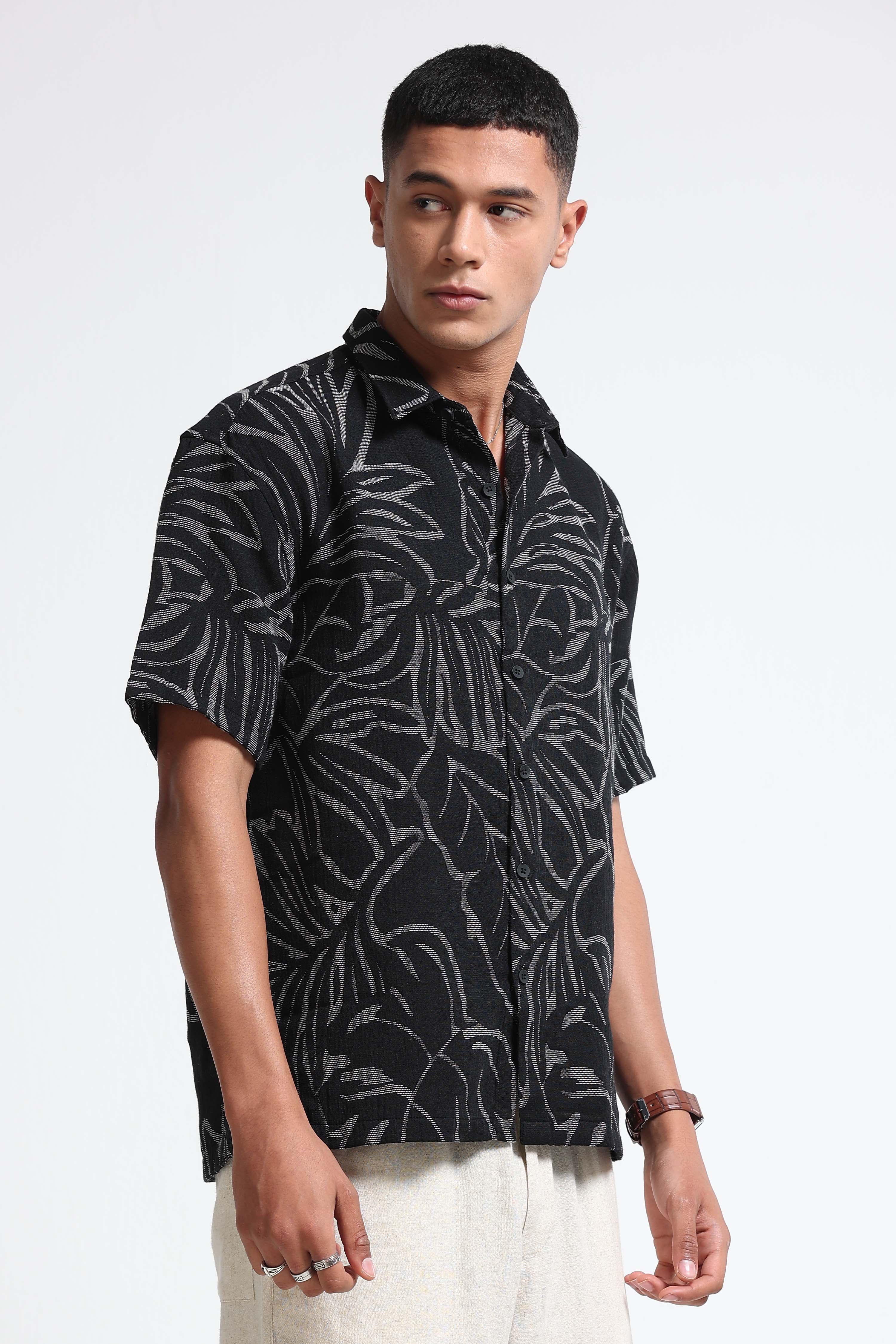 Men Black White Jacquard Boxy Fit Shirt
