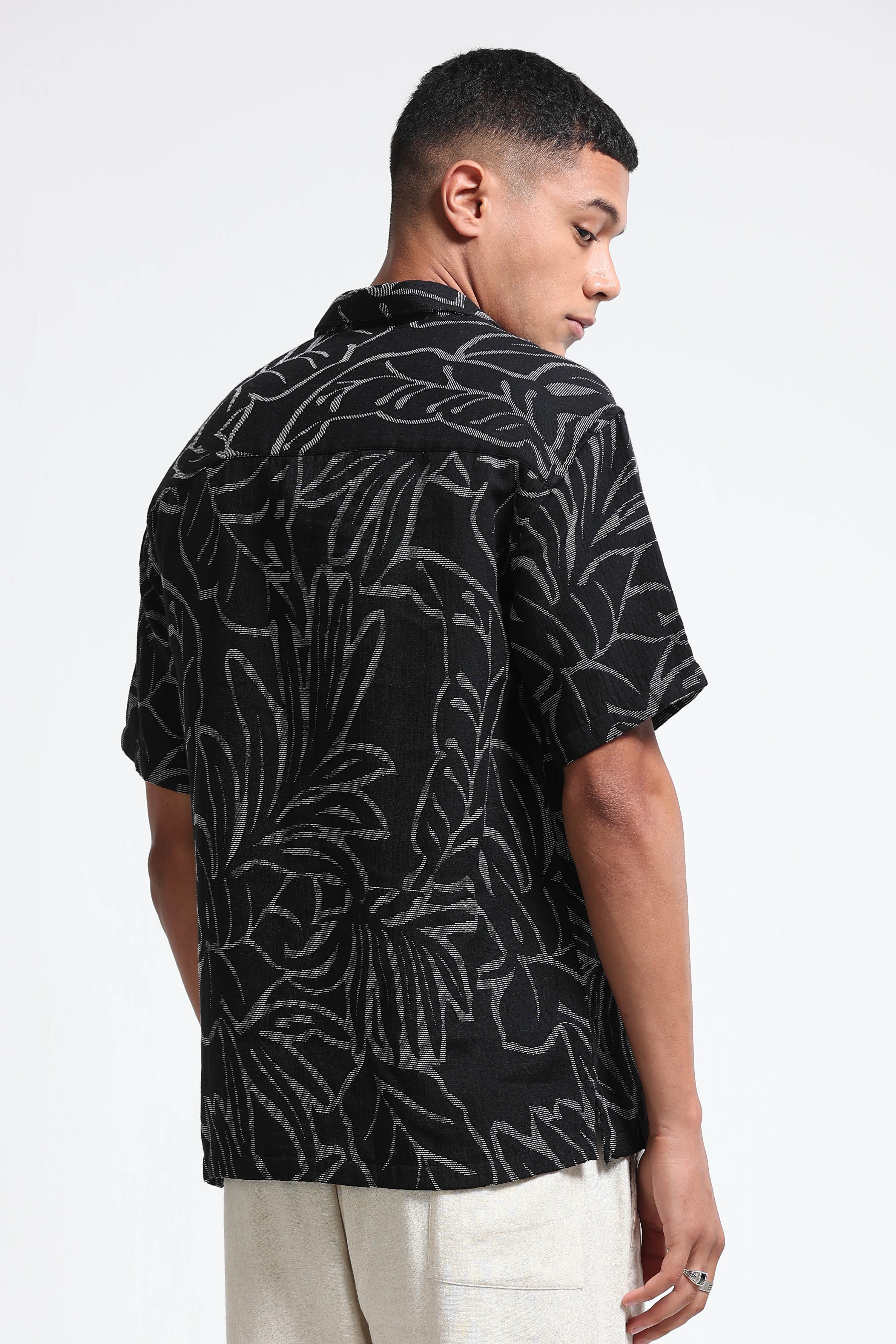 Men Black White Jacquard Boxy Fit Shirt