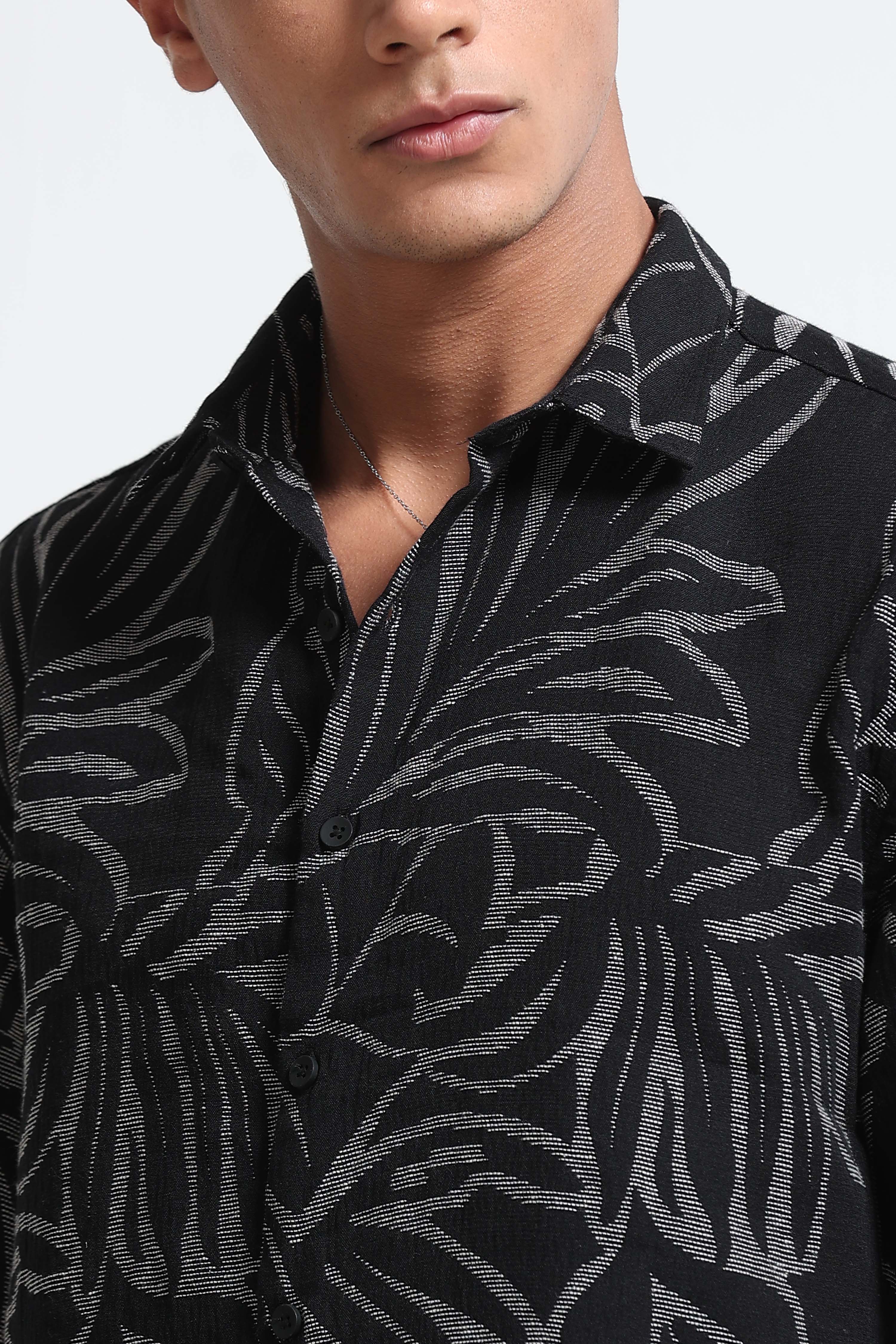 Men Black White Jacquard Boxy Fit Shirt