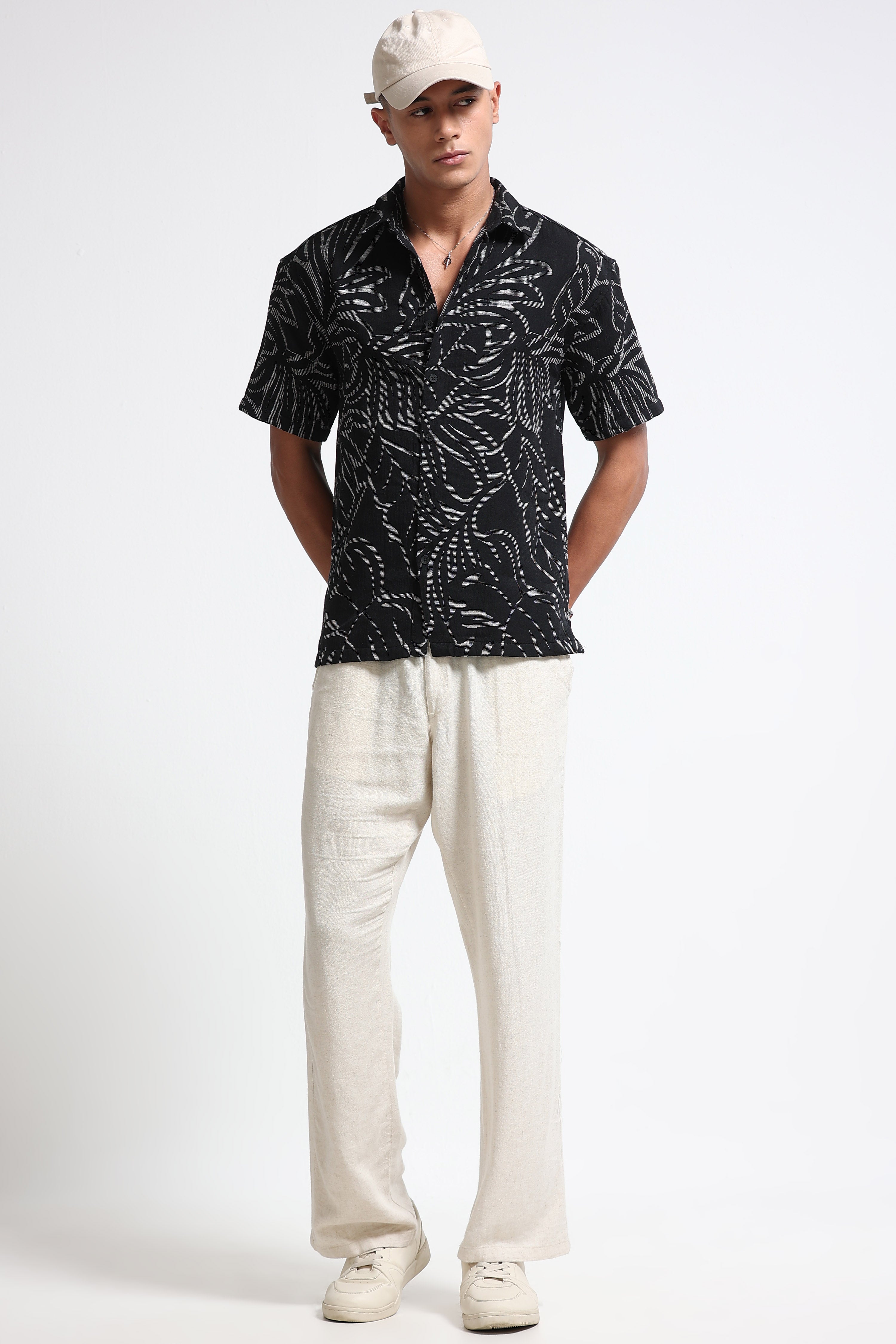 Men Black White Jacquard Boxy Fit Shirt
