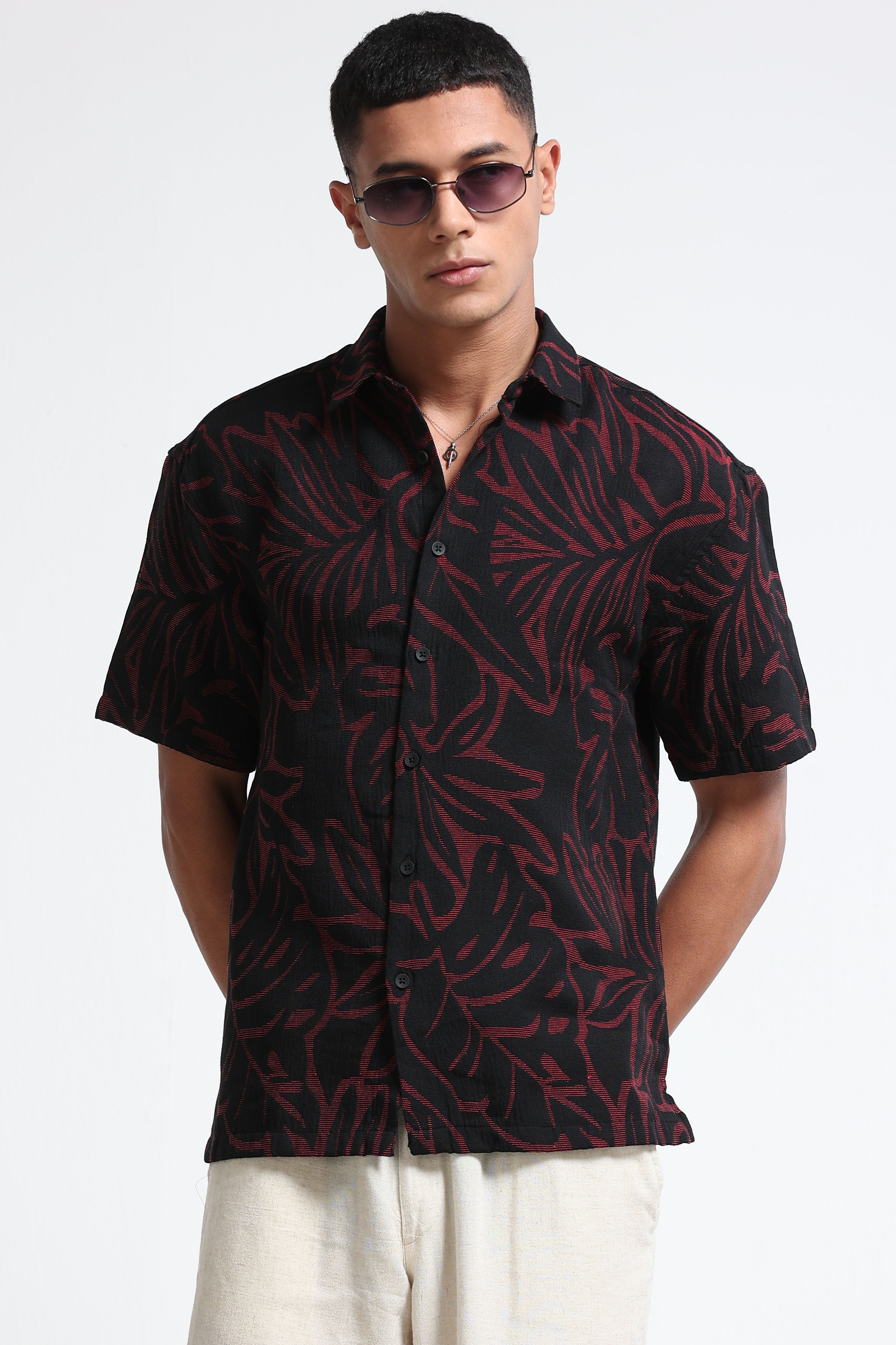Men Red Black Jacquard Boxy Fit Shirt