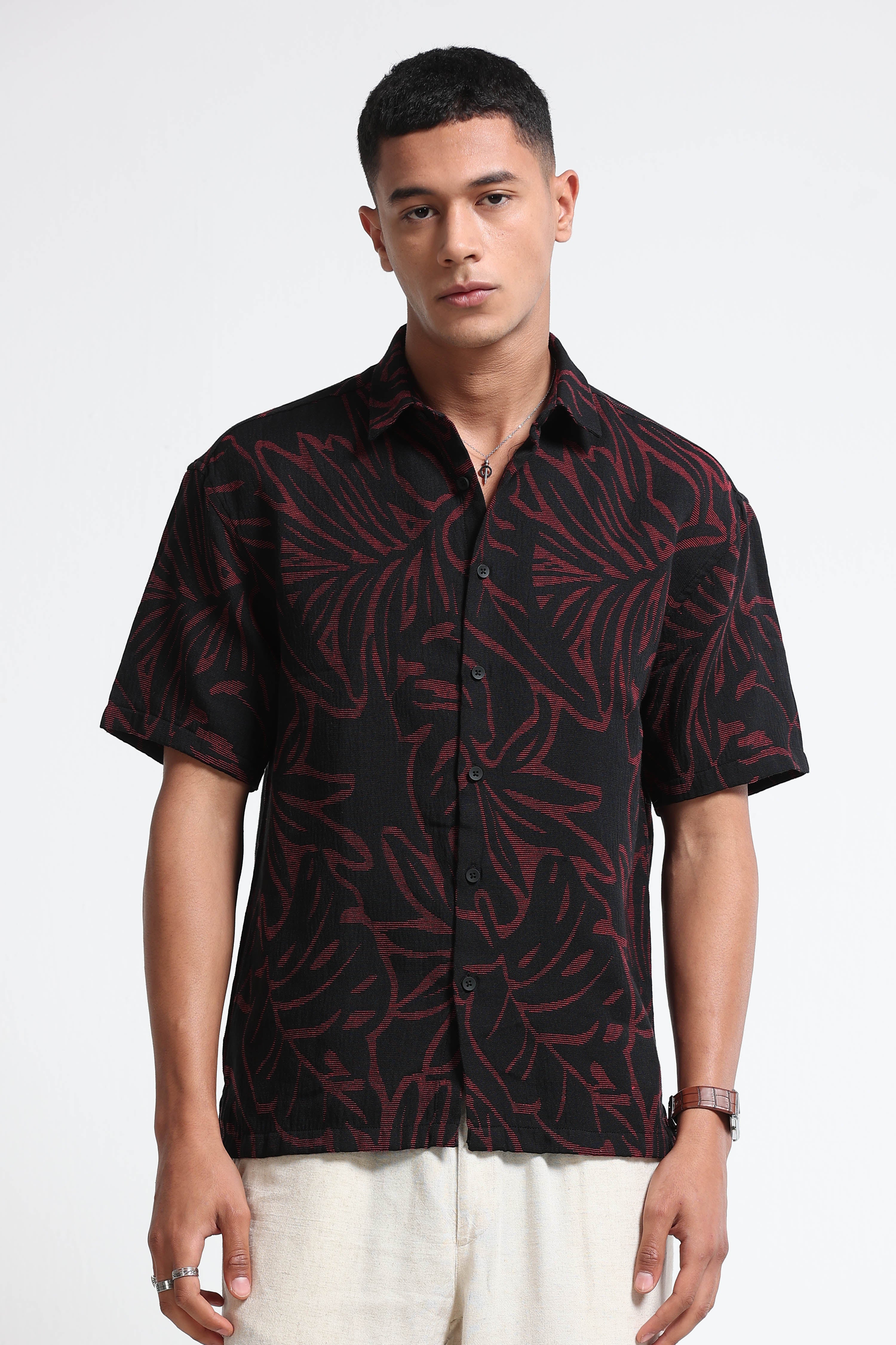 Men Red Black Jacquard Boxy Fit Shirt