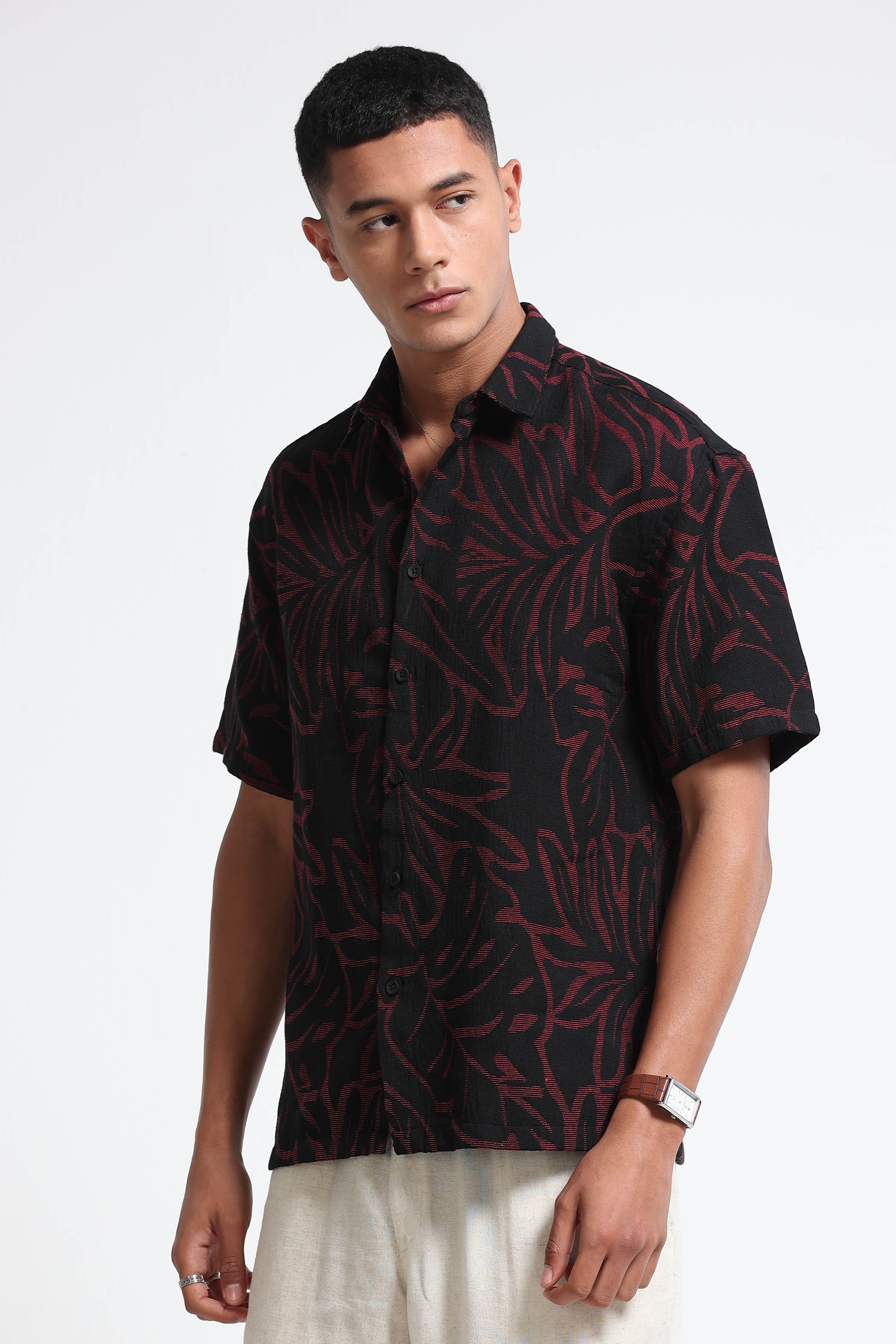 Men Red Black Jacquard Boxy Fit Shirt
