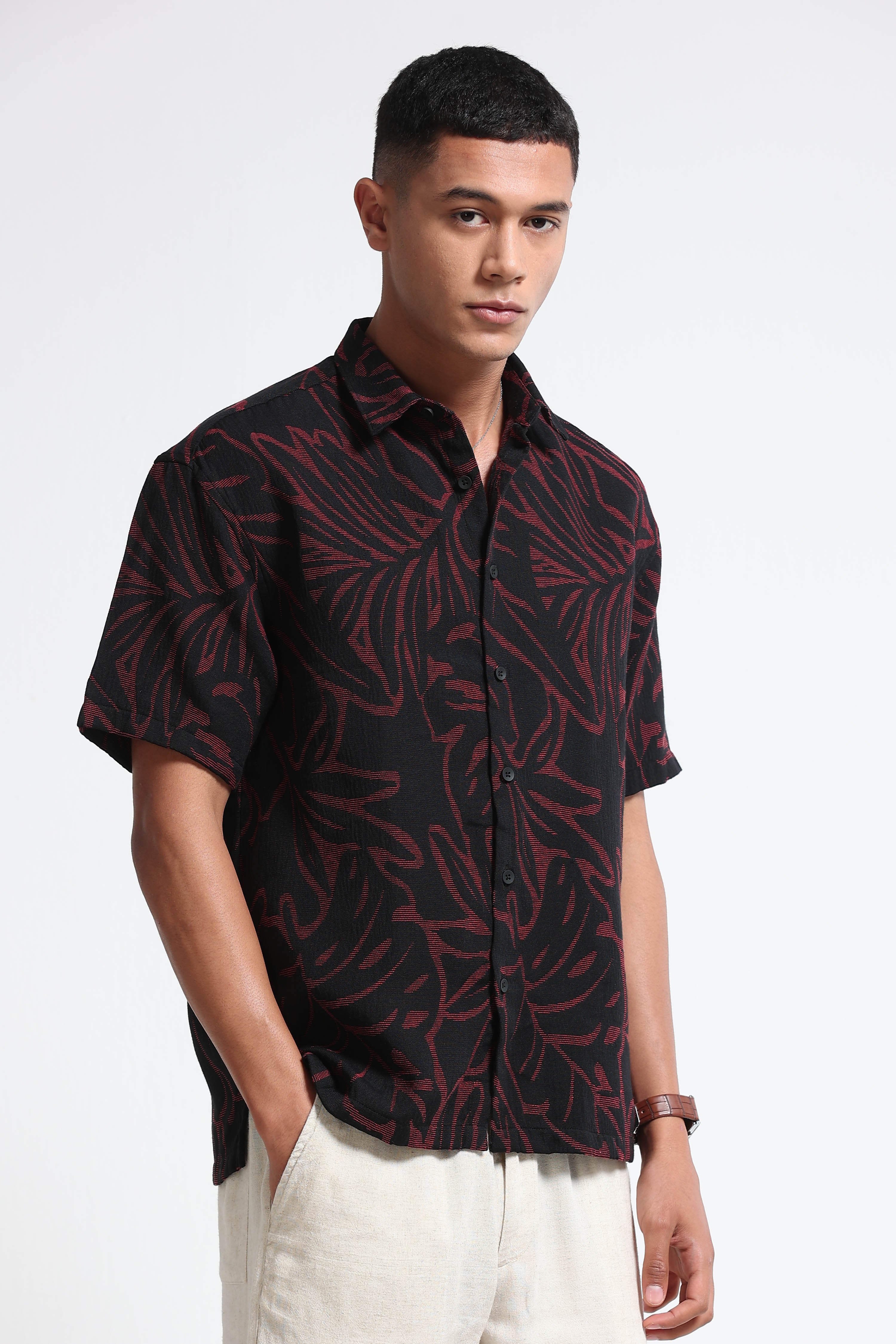 Men Red Black Jacquard Boxy Fit Shirt