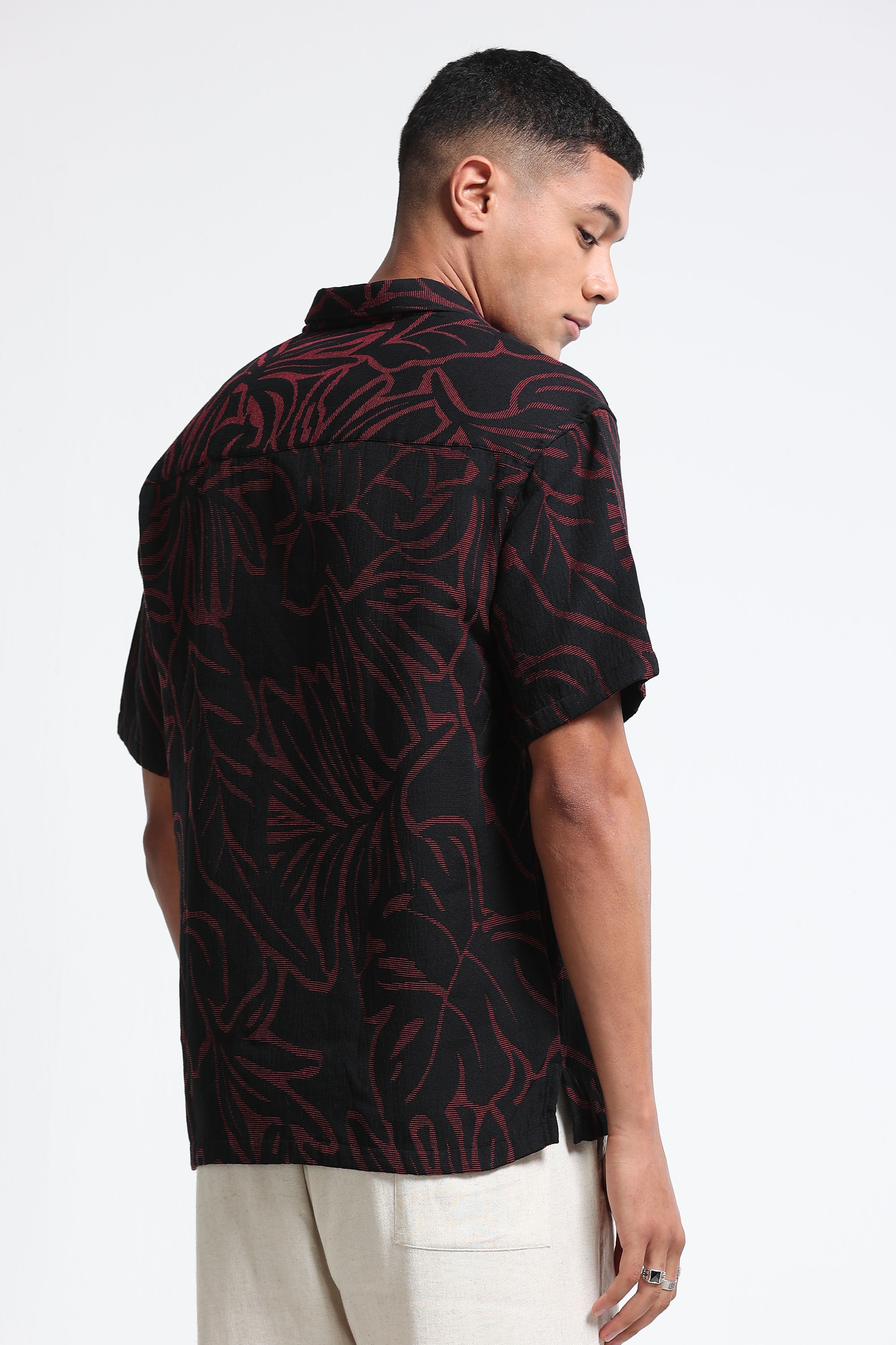 Men Red Black Jacquard Boxy Fit Shirt