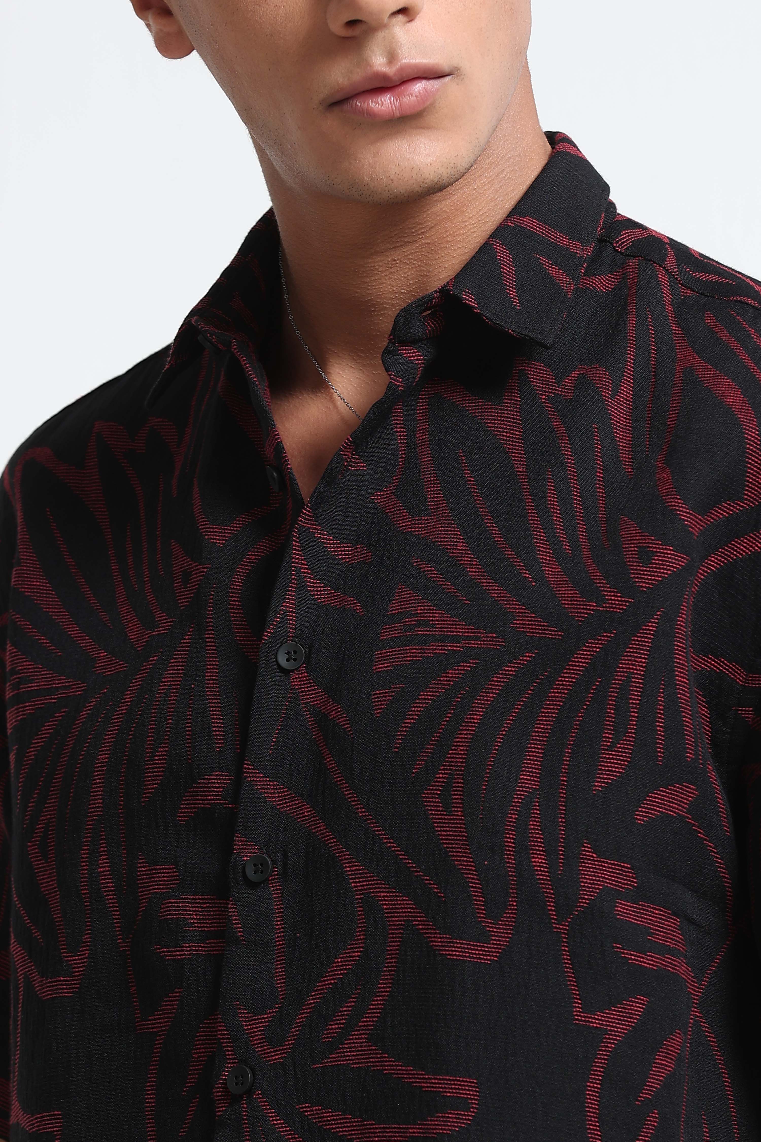 Men Red Black Jacquard Boxy Fit Shirt