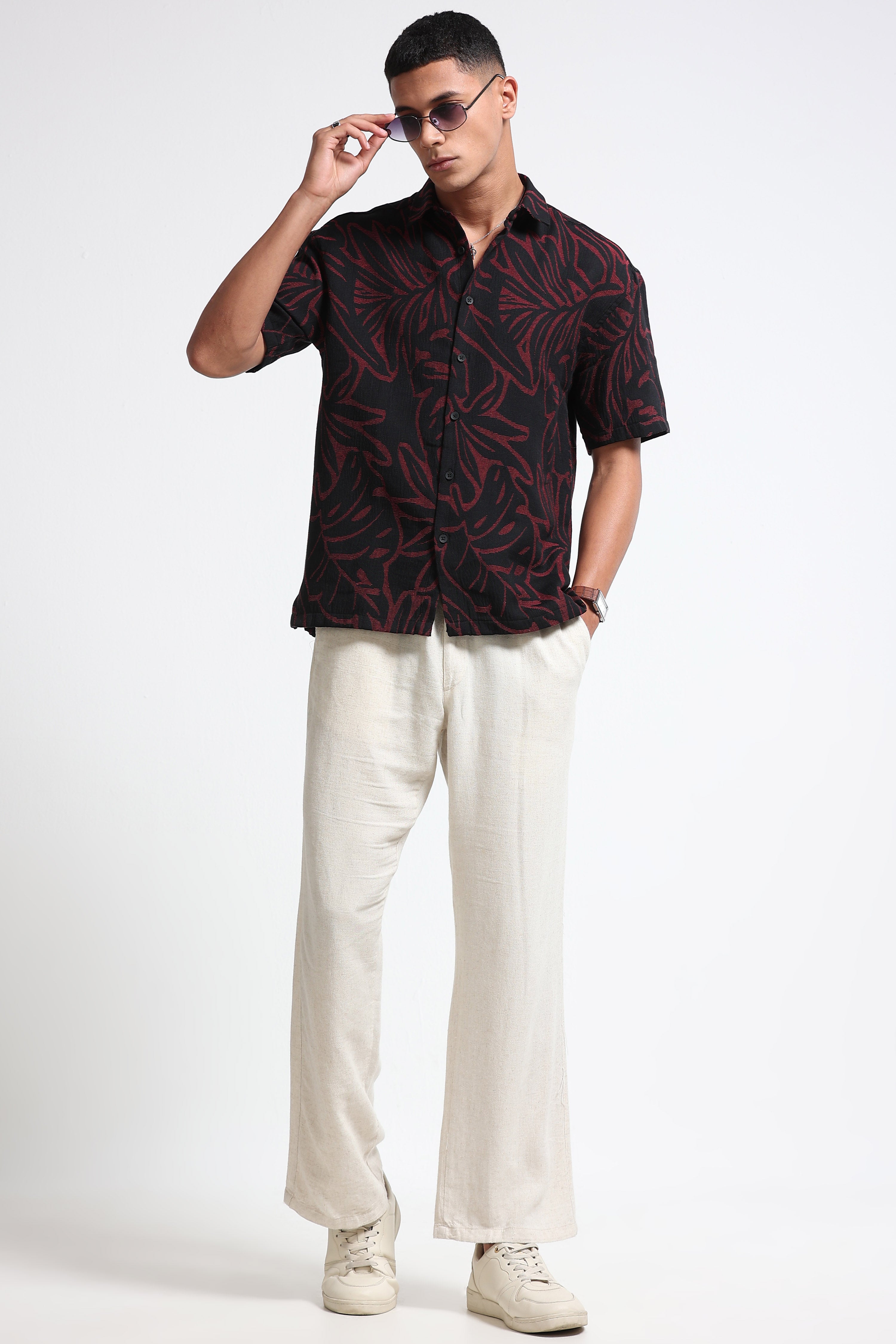 Men Red Black Jacquard Boxy Fit Shirt