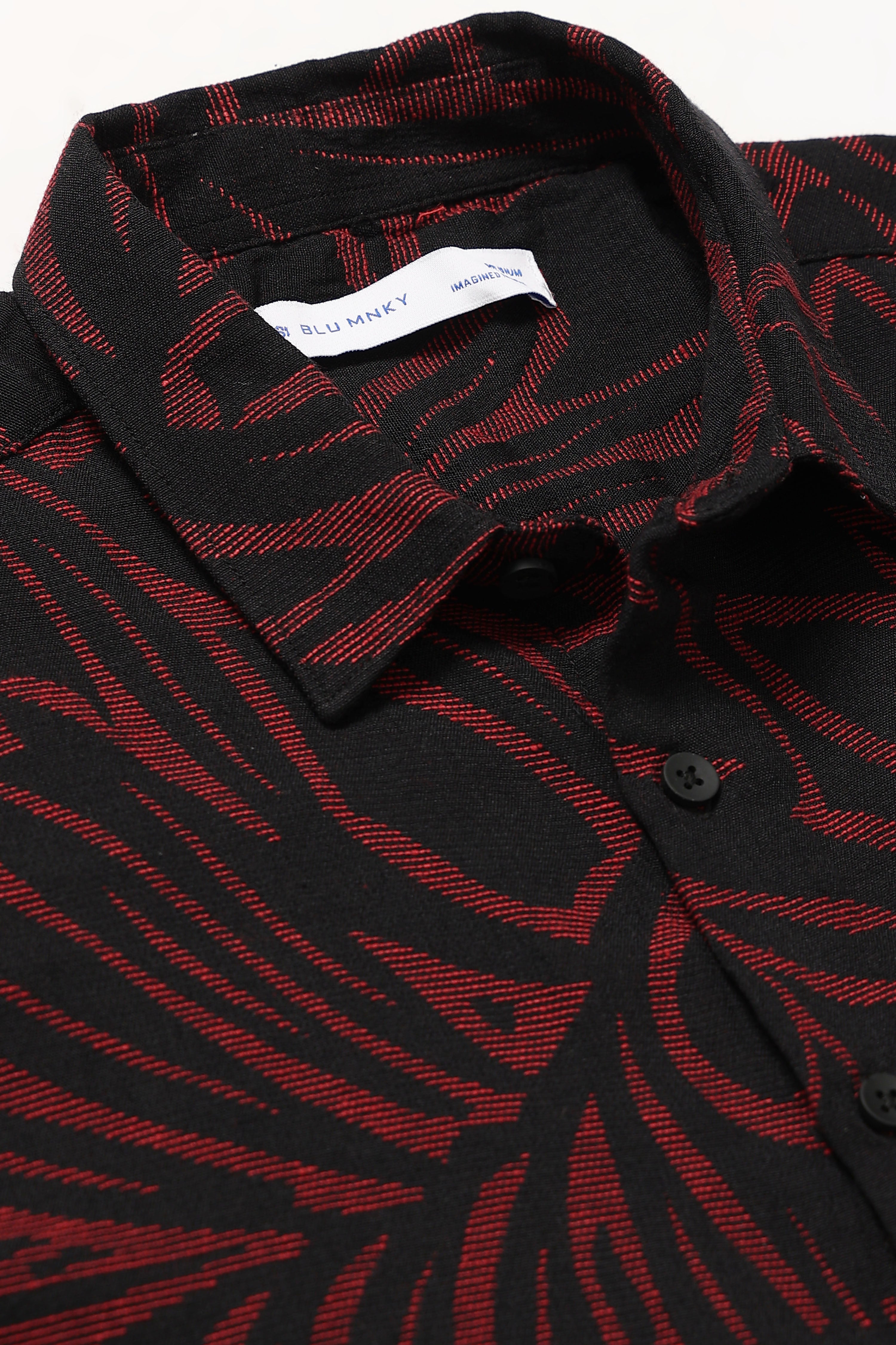Men Red Black Jacquard Boxy Fit Shirt