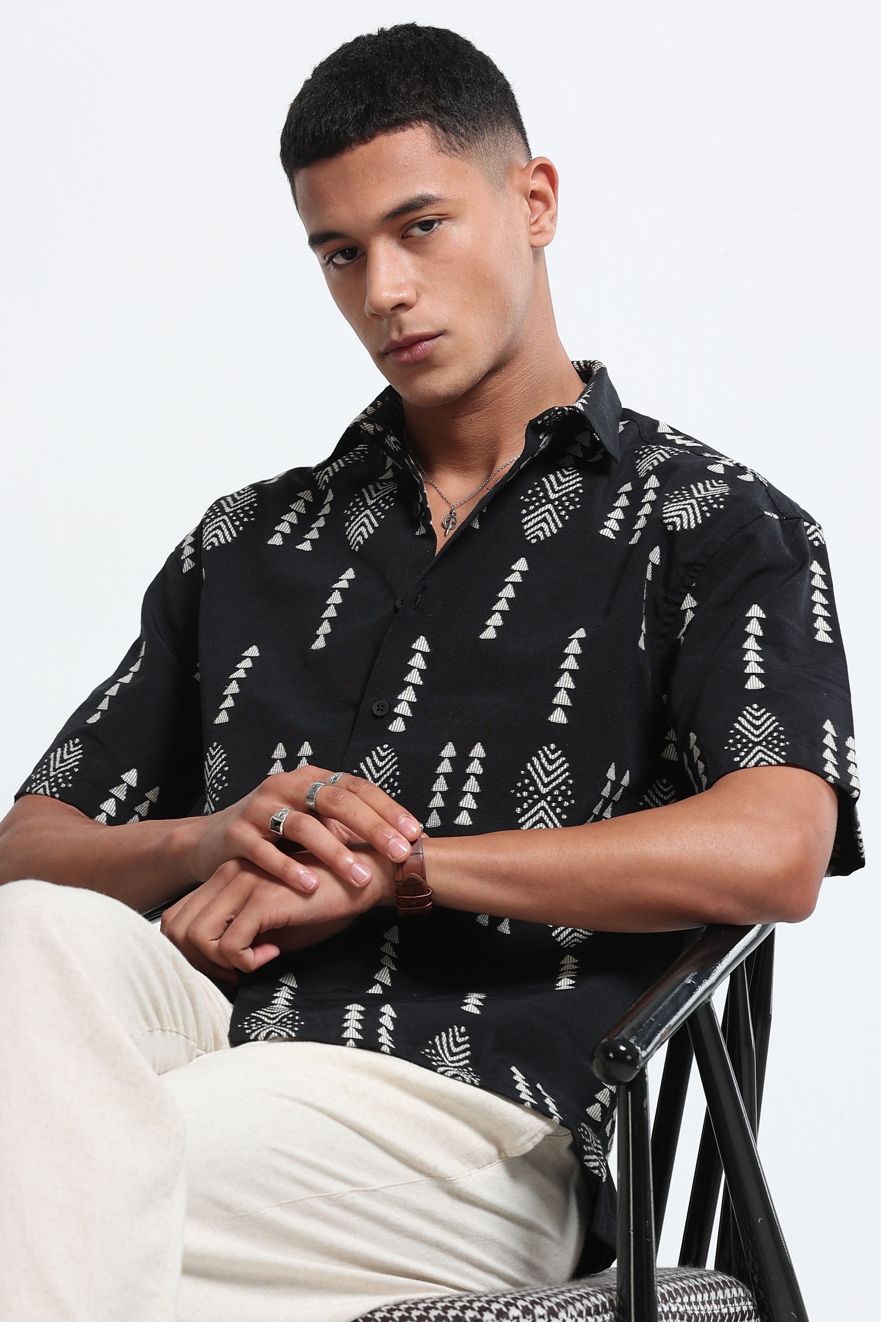 Men Black Jacquard Boxy Fit Shirt