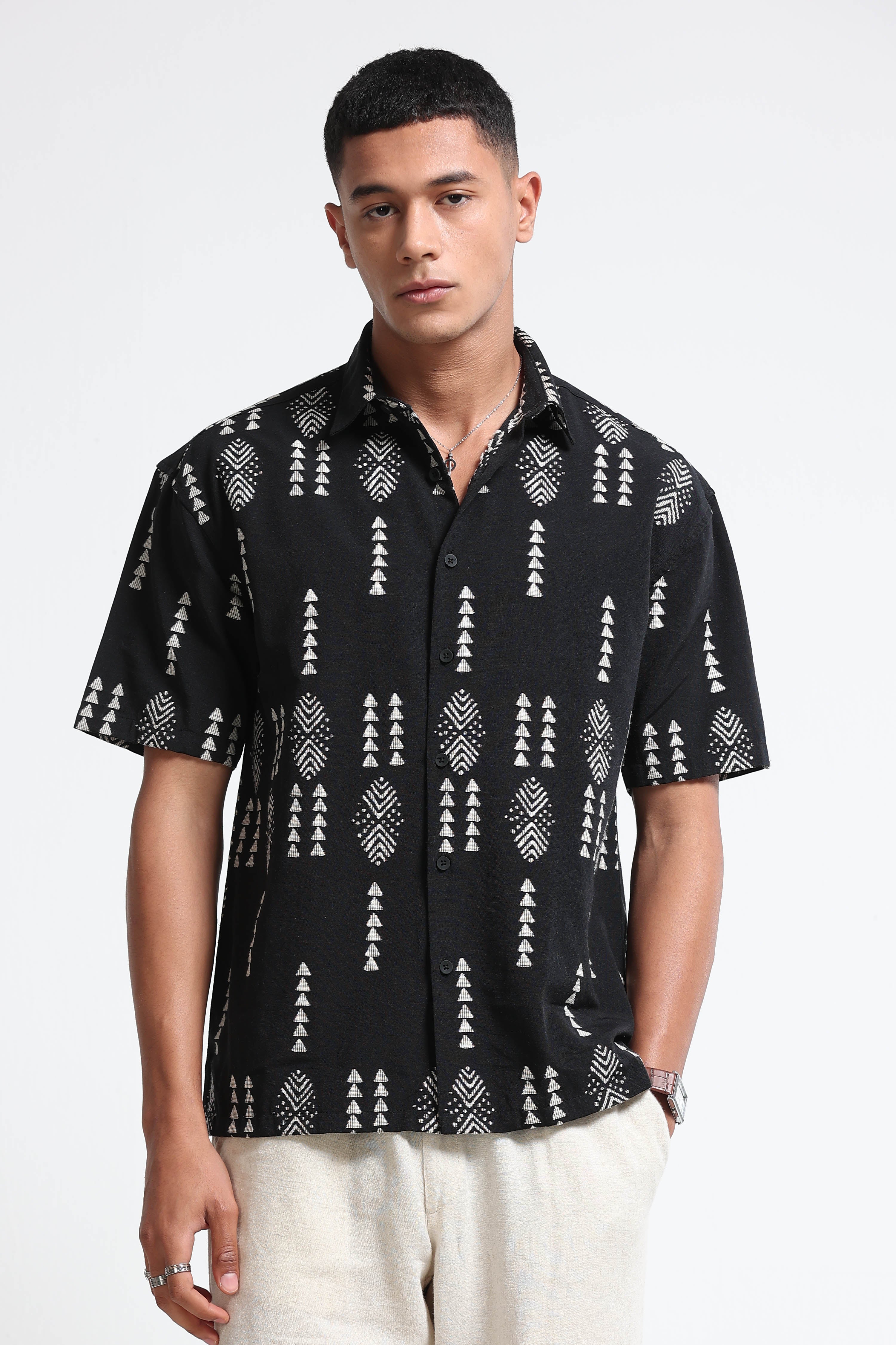 Men Black Jacquard Boxy Fit Shirt