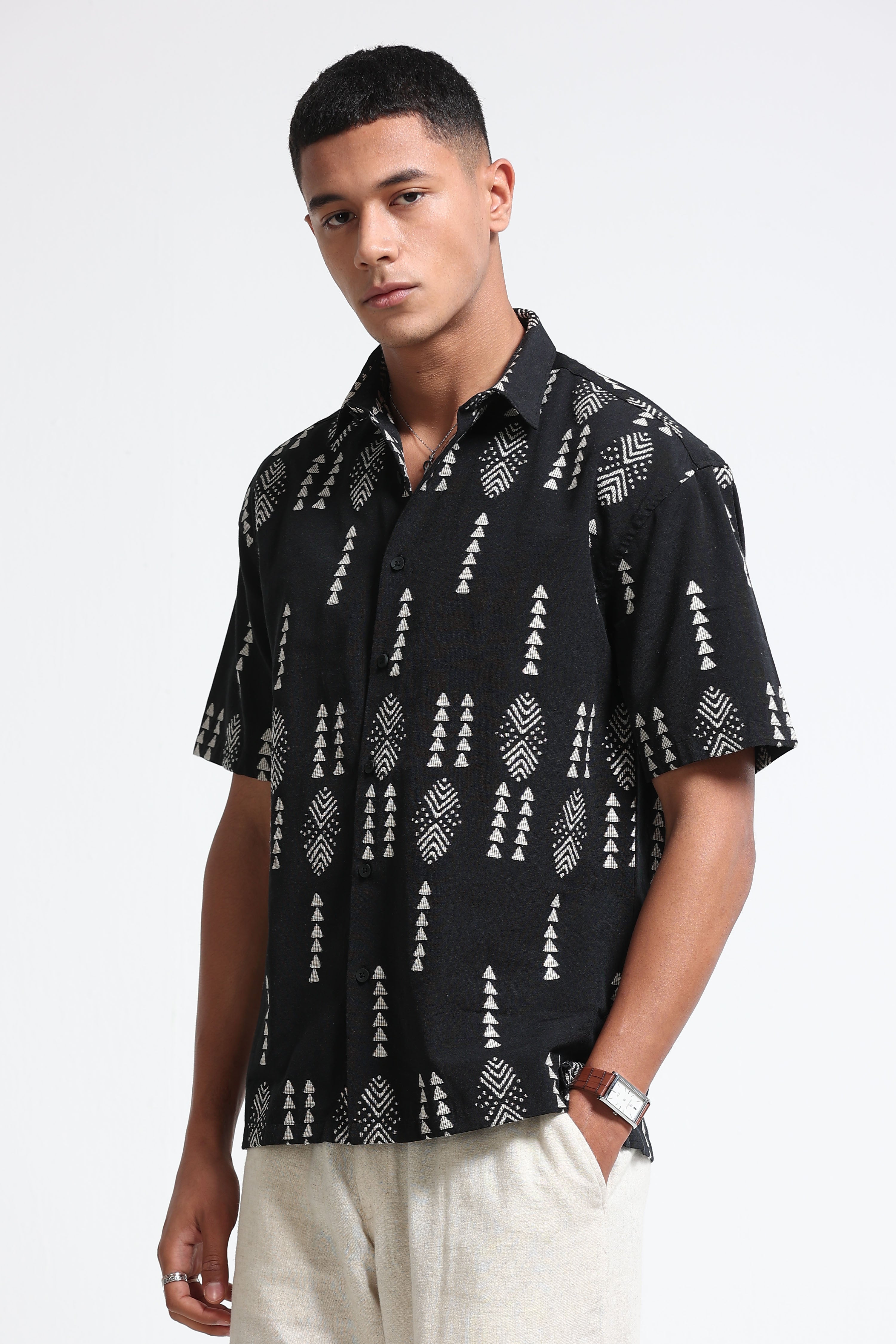 Men Black Jacquard Boxy Fit Shirt