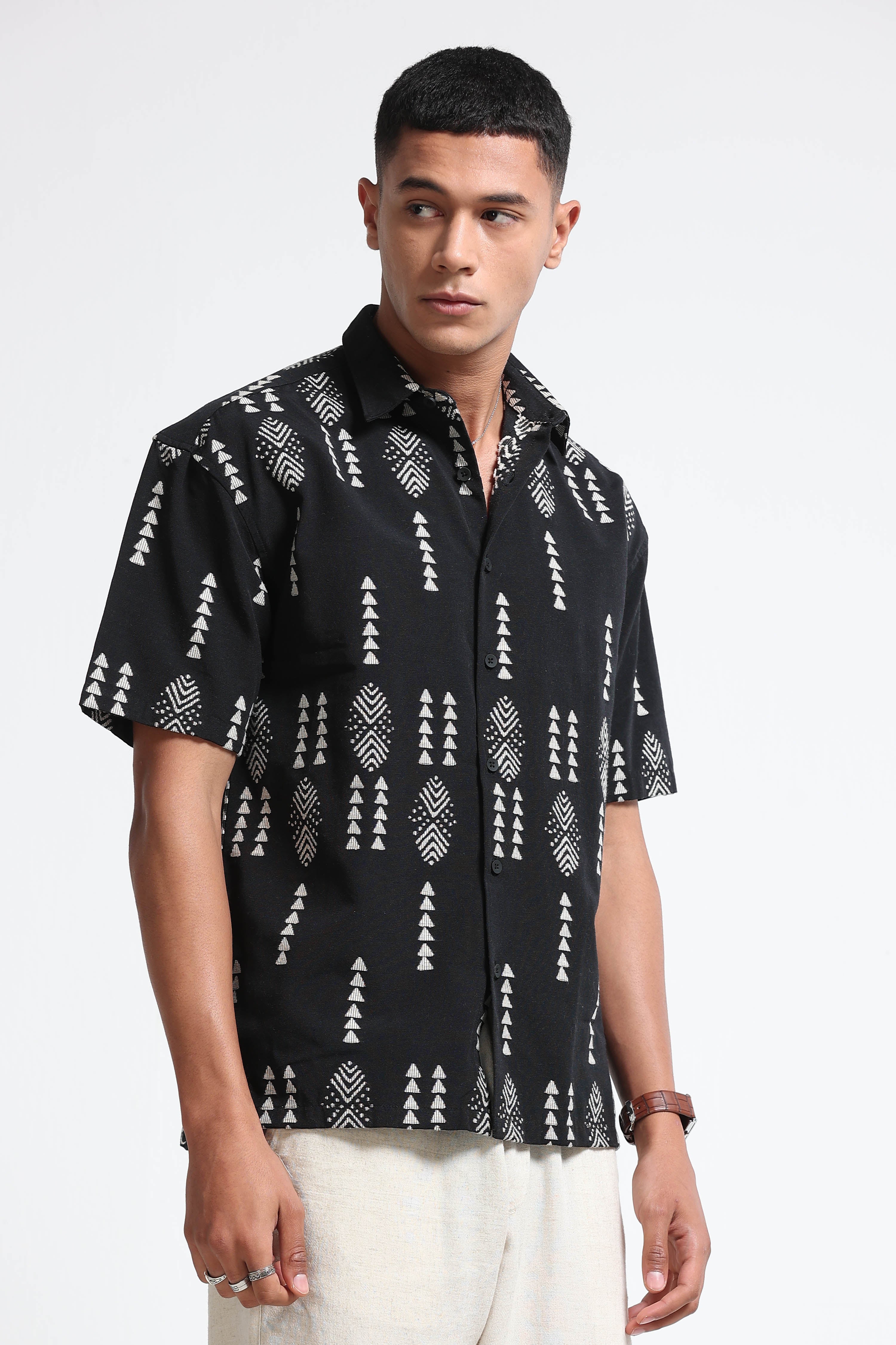 Men Black Jacquard Boxy Fit Shirt