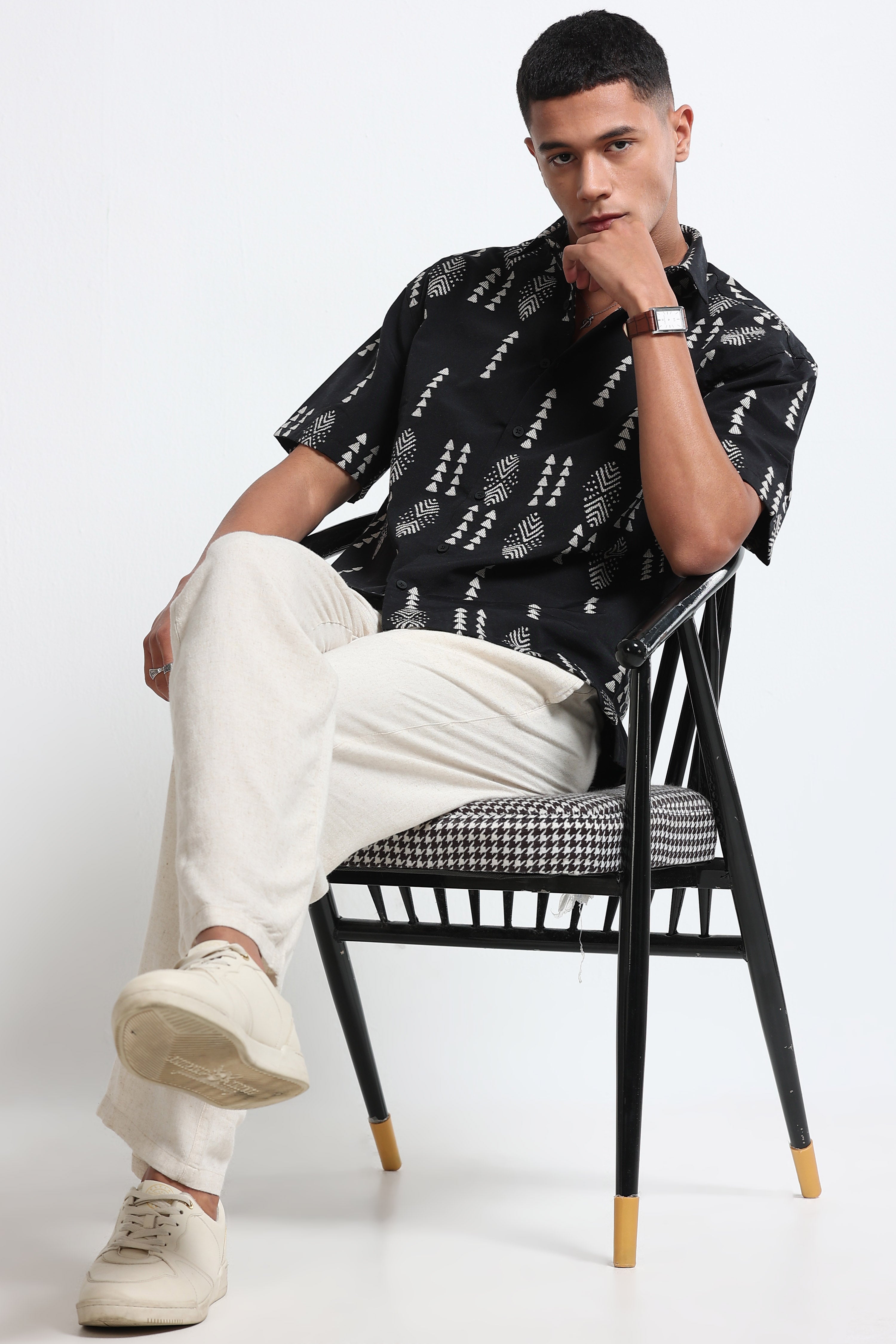 Men Black Jacquard Boxy Fit Shirt