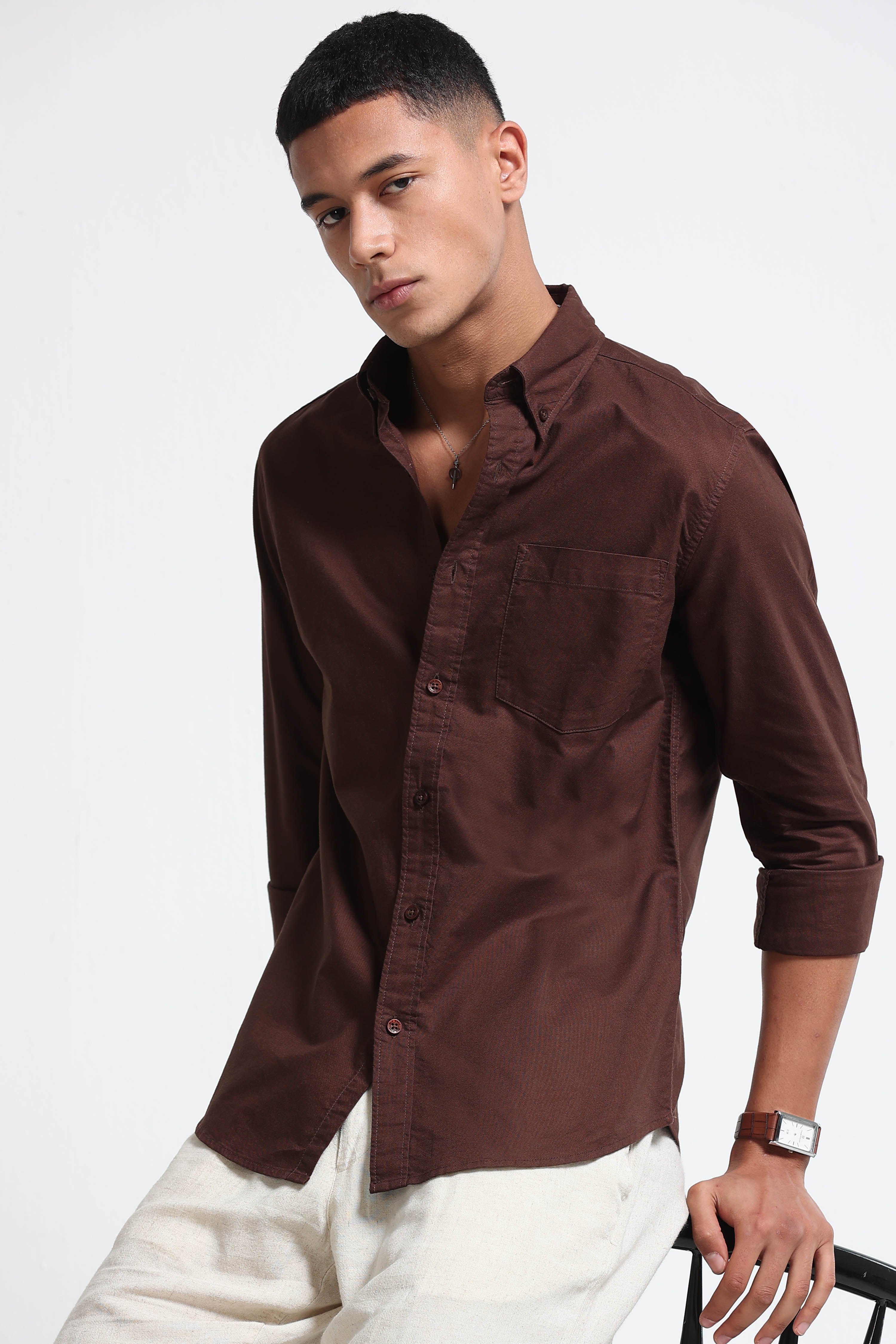 Men Brown Cotton Oxford Solid Shirt Brown