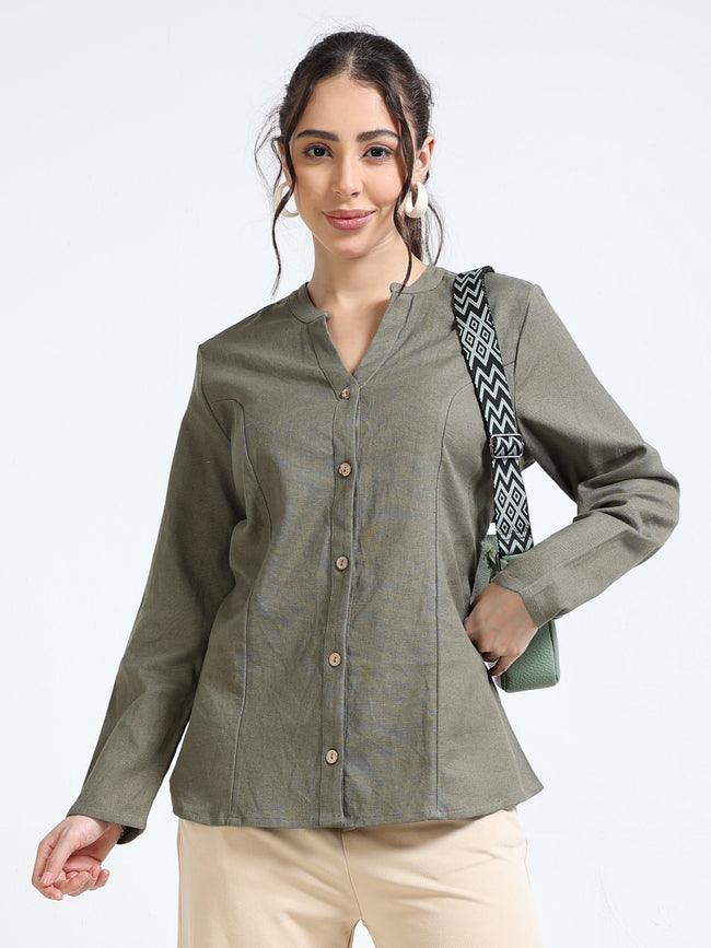 Women Olive Mandarin Collar Shacket
