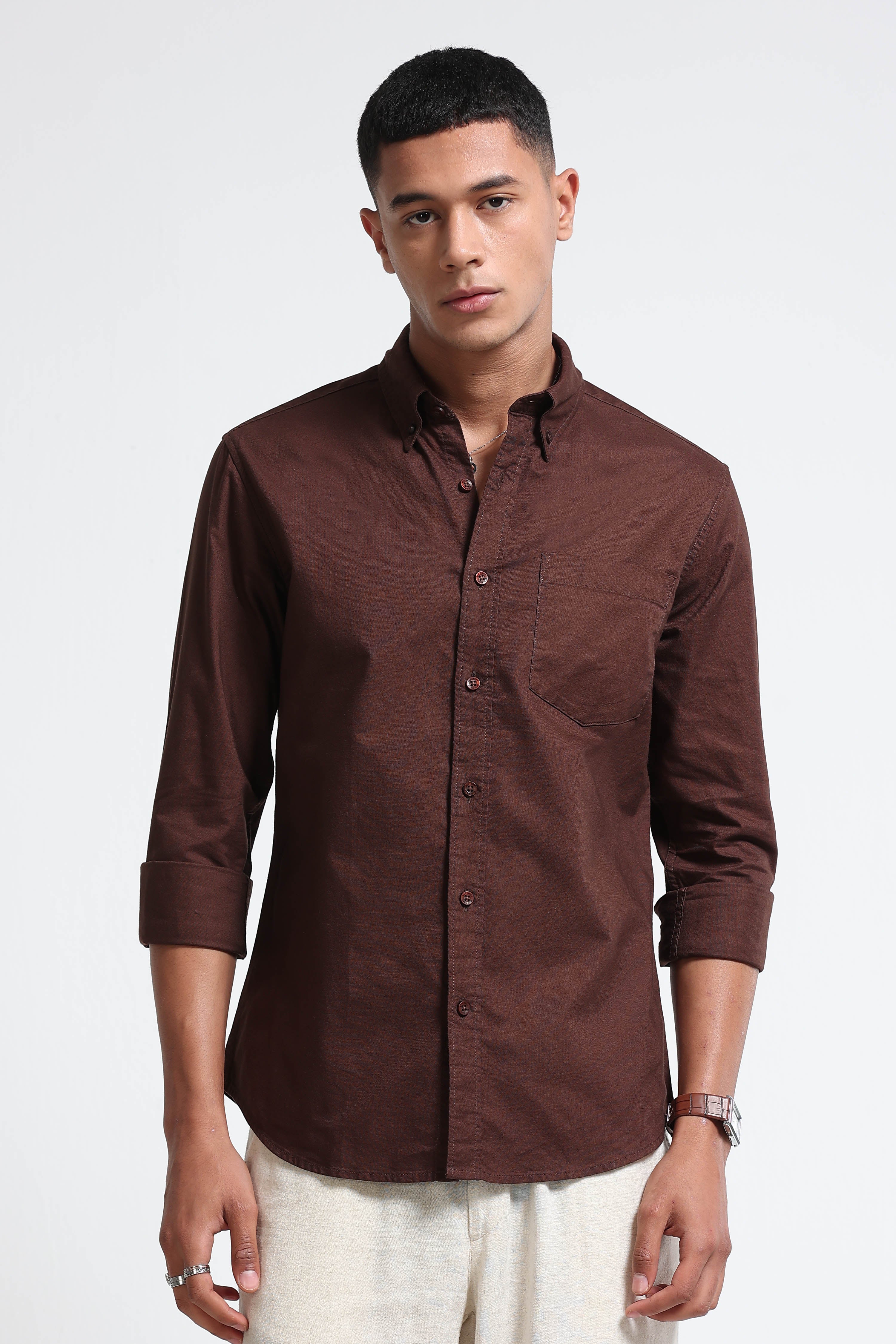 Men Brown Cotton Oxford Solid Shirt Brown