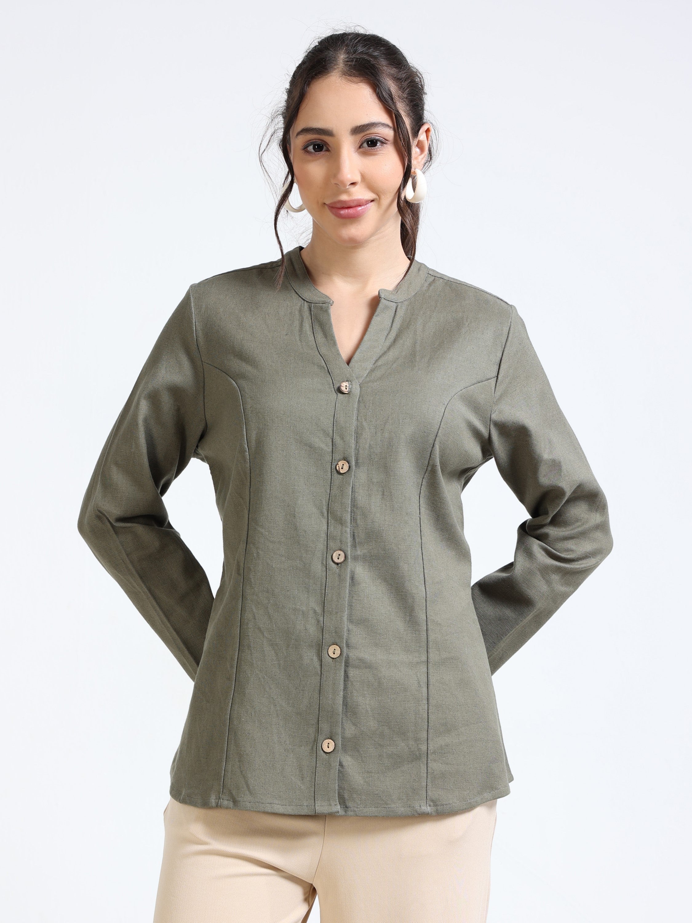 Women Olive Mandarin Collar Shacket