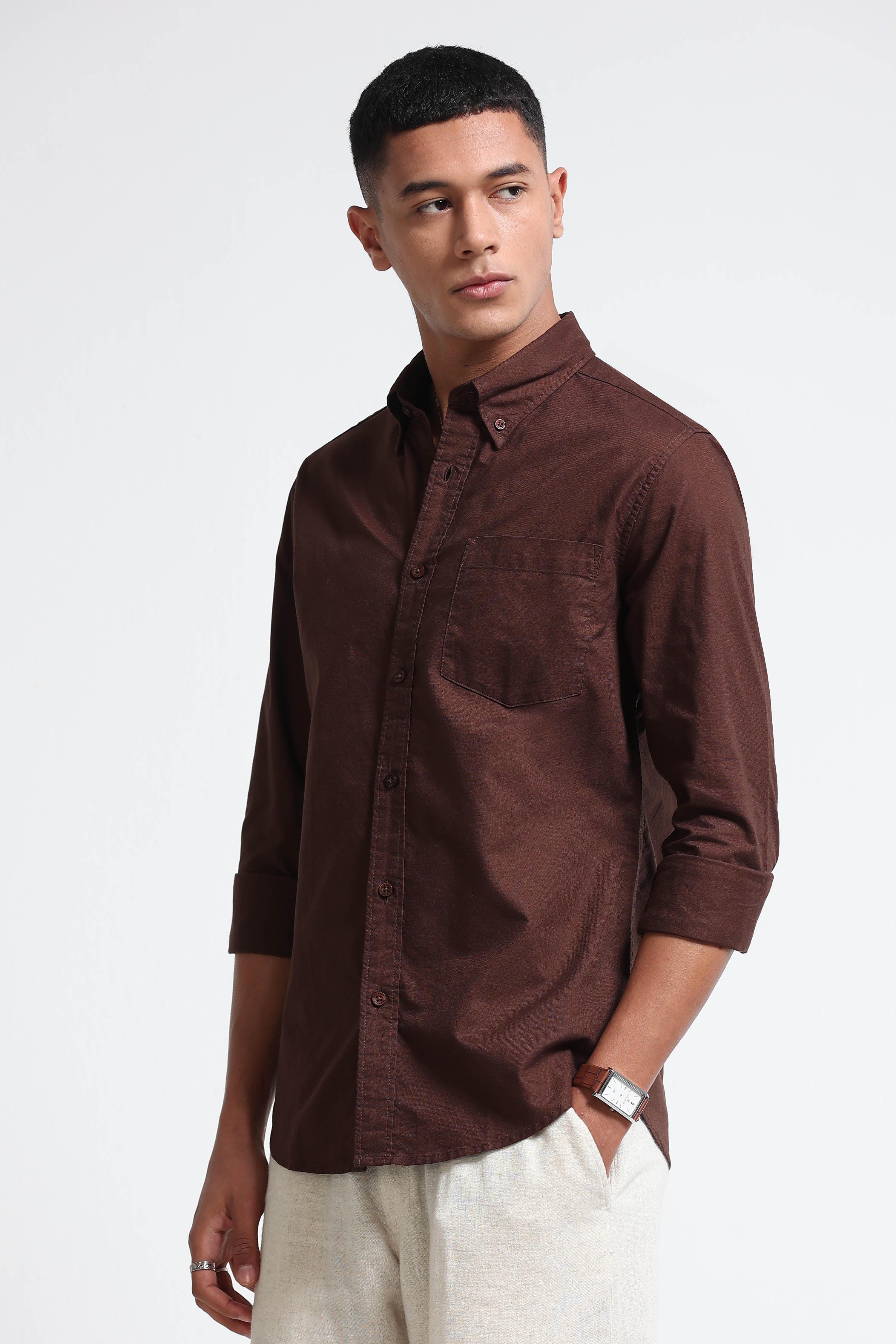 Men Brown Cotton Oxford Solid Shirt Brown