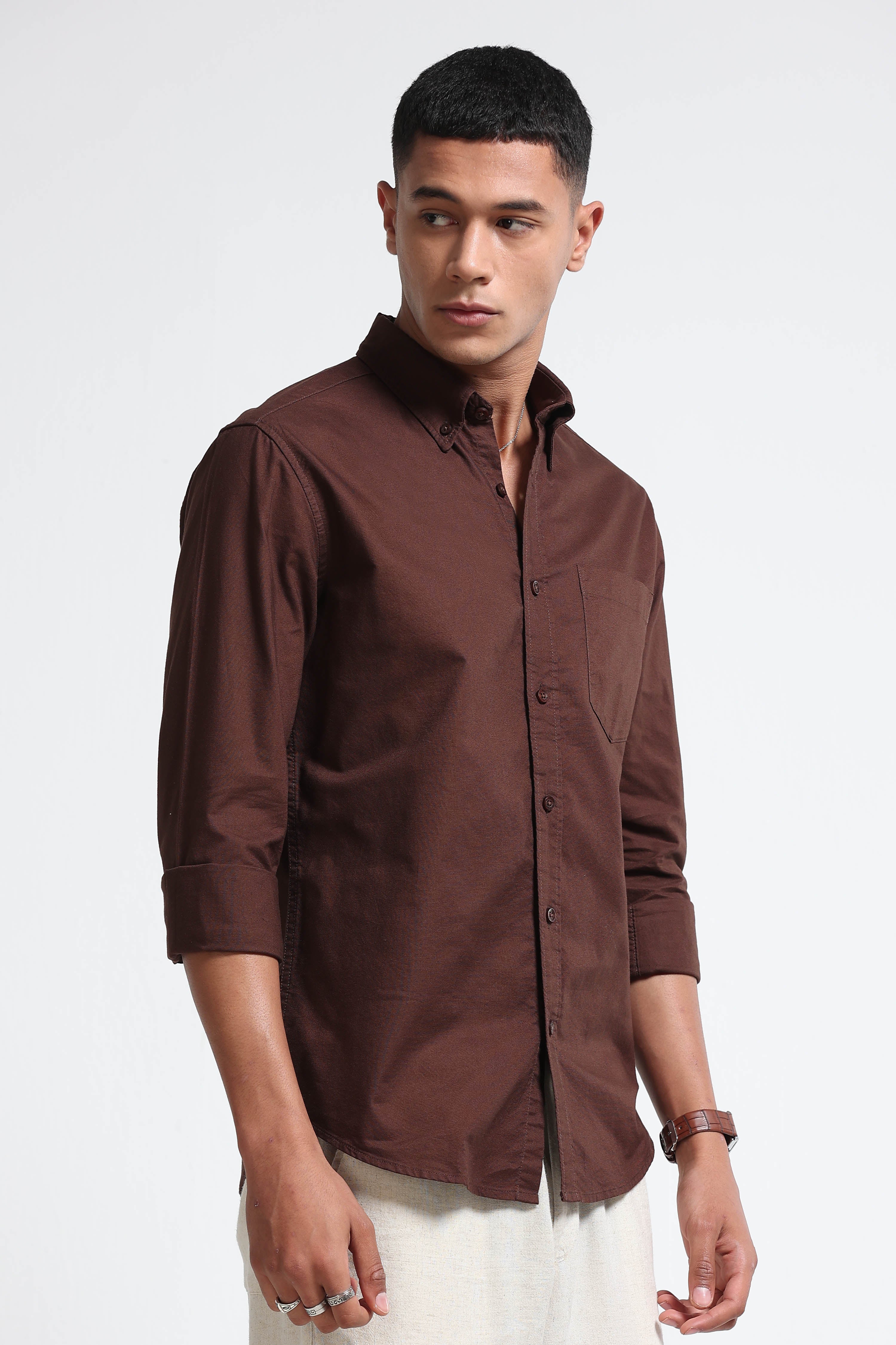 Men Brown Cotton Oxford Solid Shirt Brown