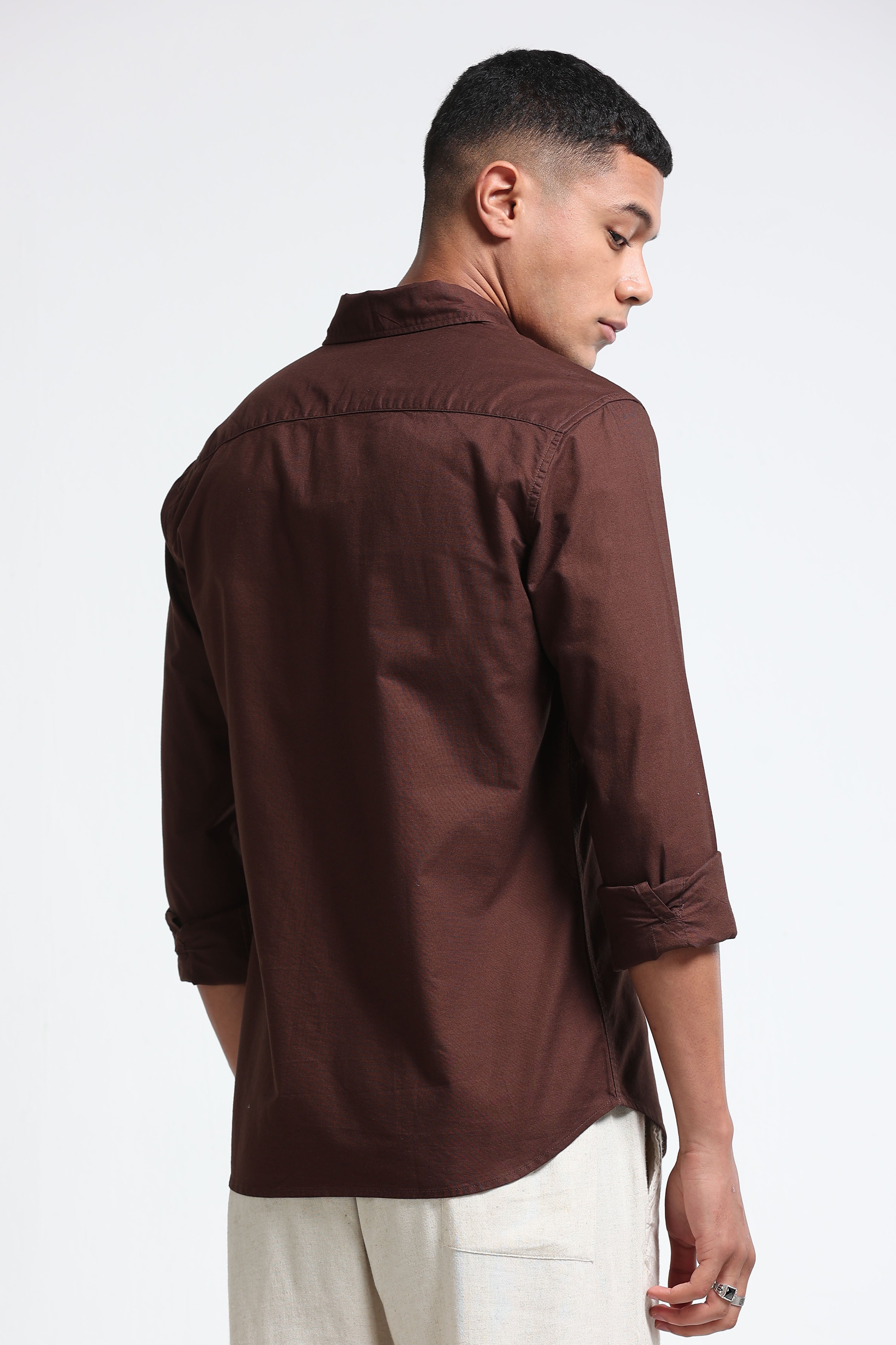 Men Brown Cotton Oxford Solid Shirt Brown