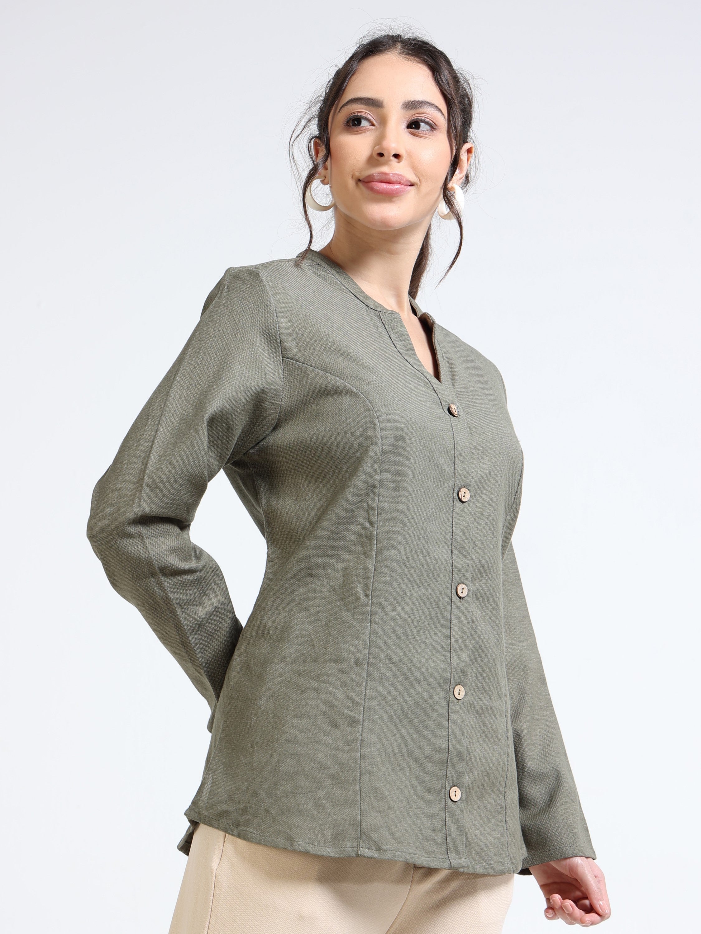 Women Olive Mandarin Collar Shacket