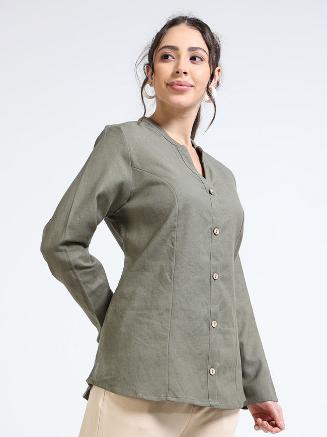 Women Linen Blend Olive Shacket