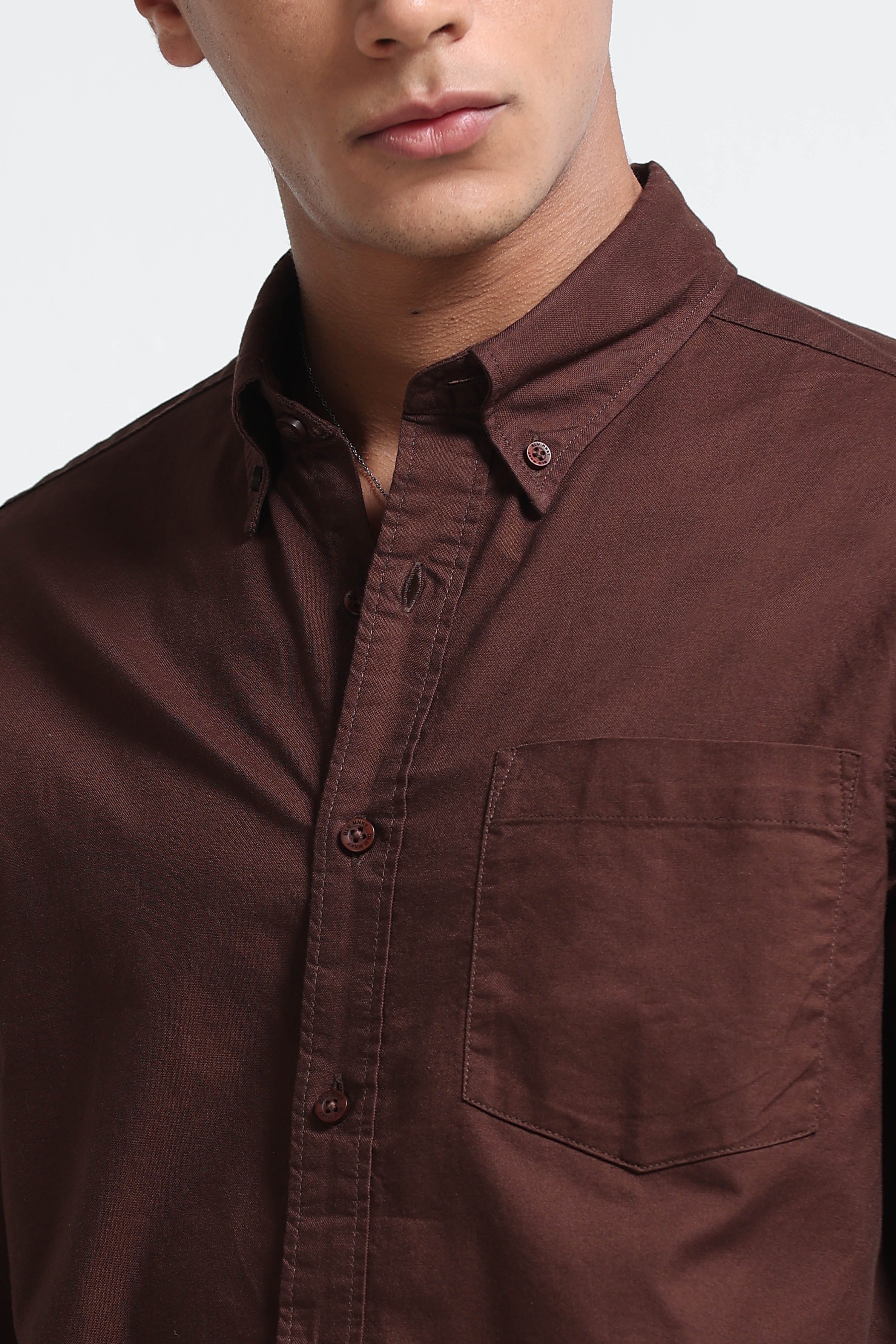 Men Brown Cotton Oxford Solid Shirt Brown