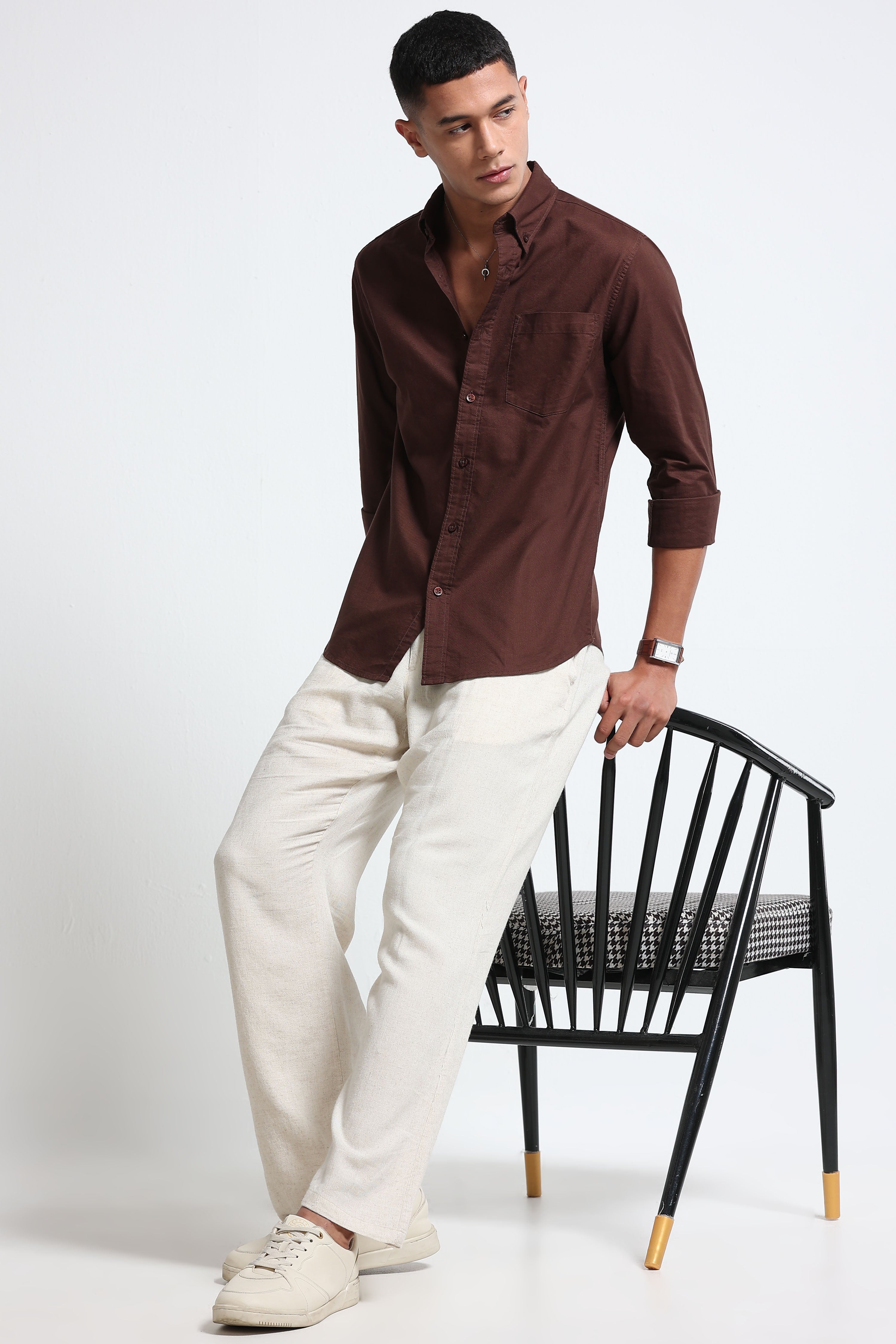 Men Brown Cotton Oxford Solid Shirt Brown