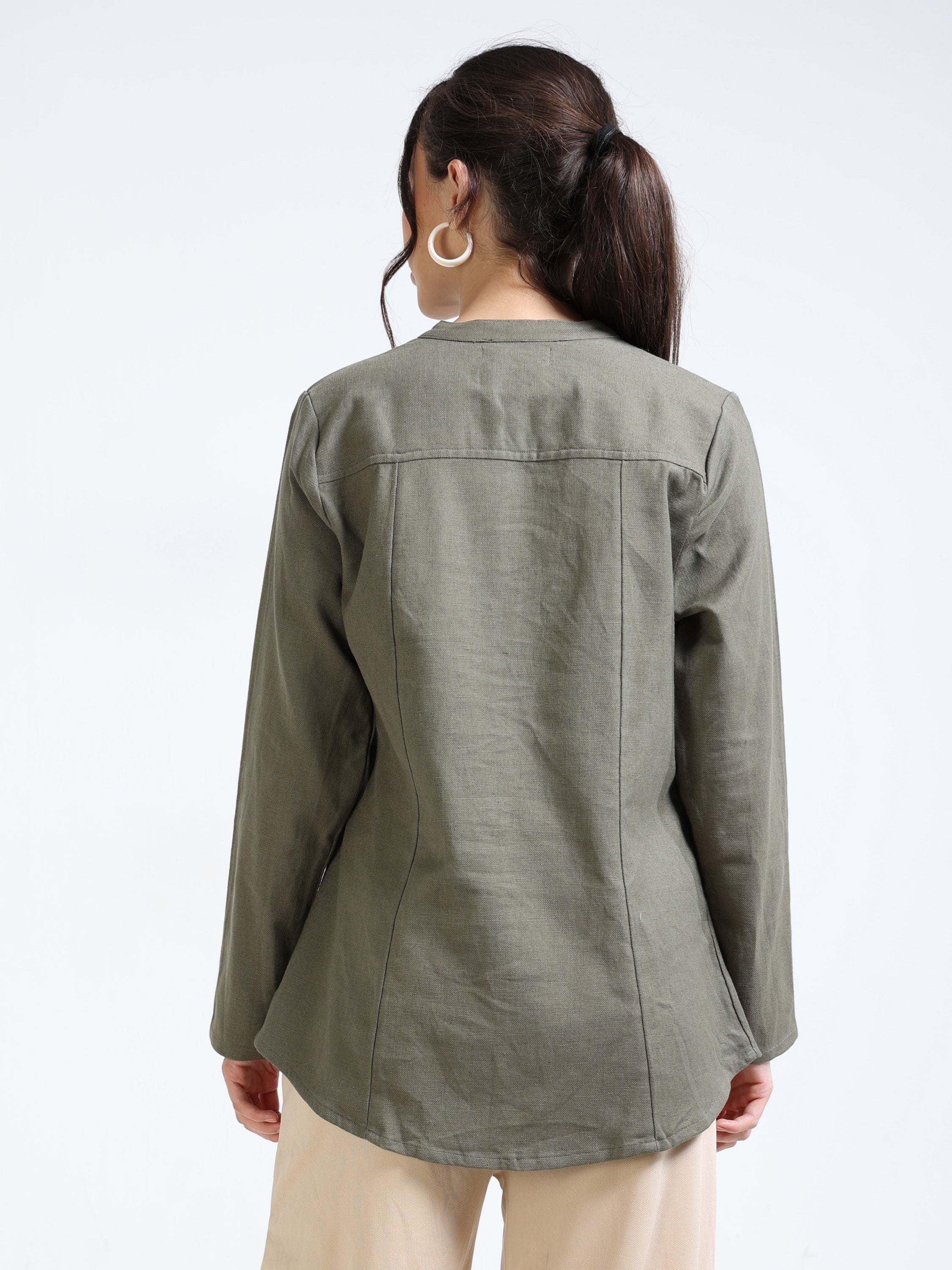 Women Olive Mandarin Collar Shacket