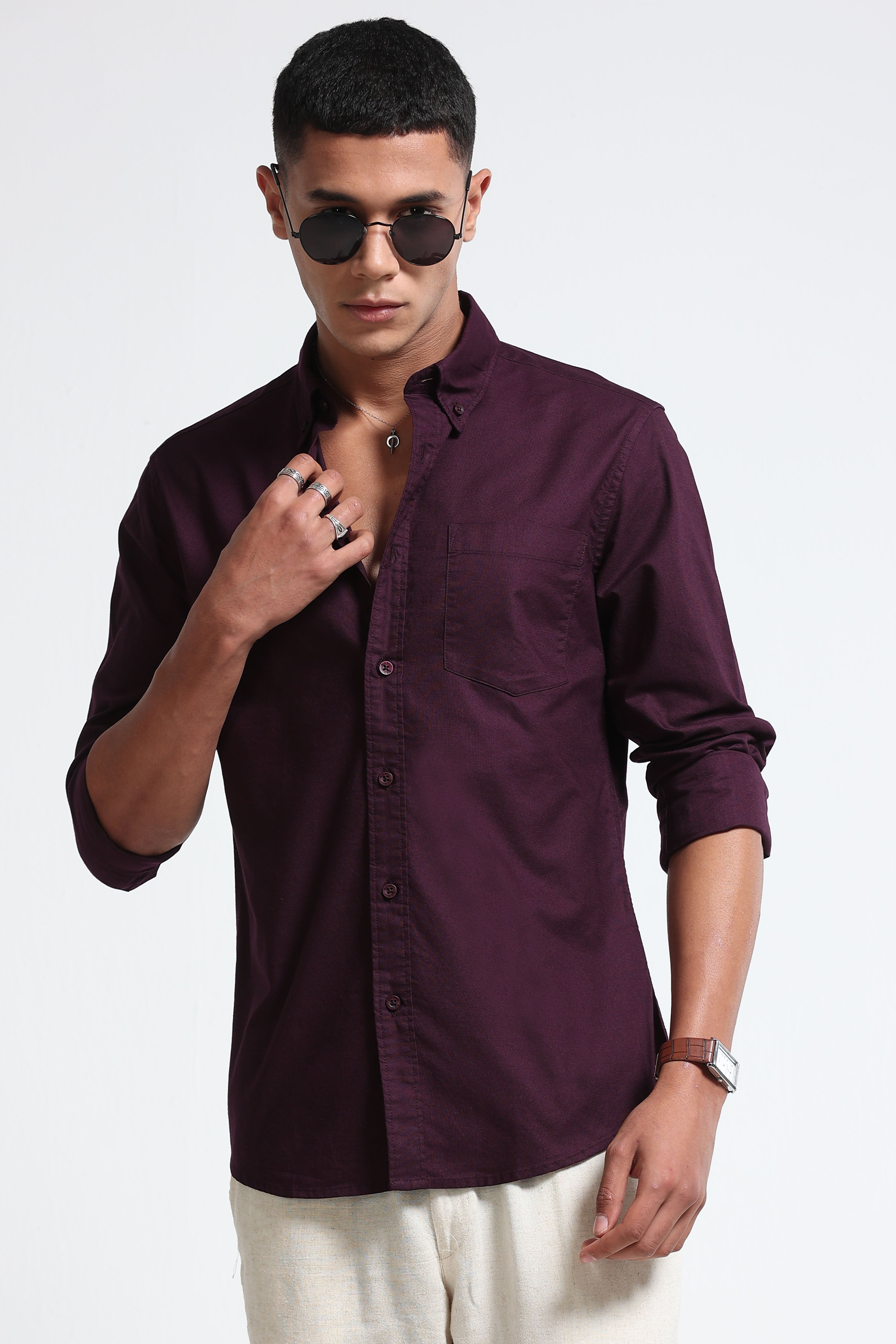 Men Burgundy Cotton Oxford Solid Shirt