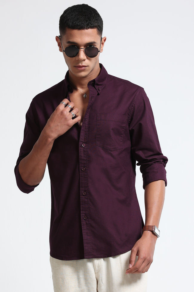 Men Burgundy Cotton Oxford Solid Shirt