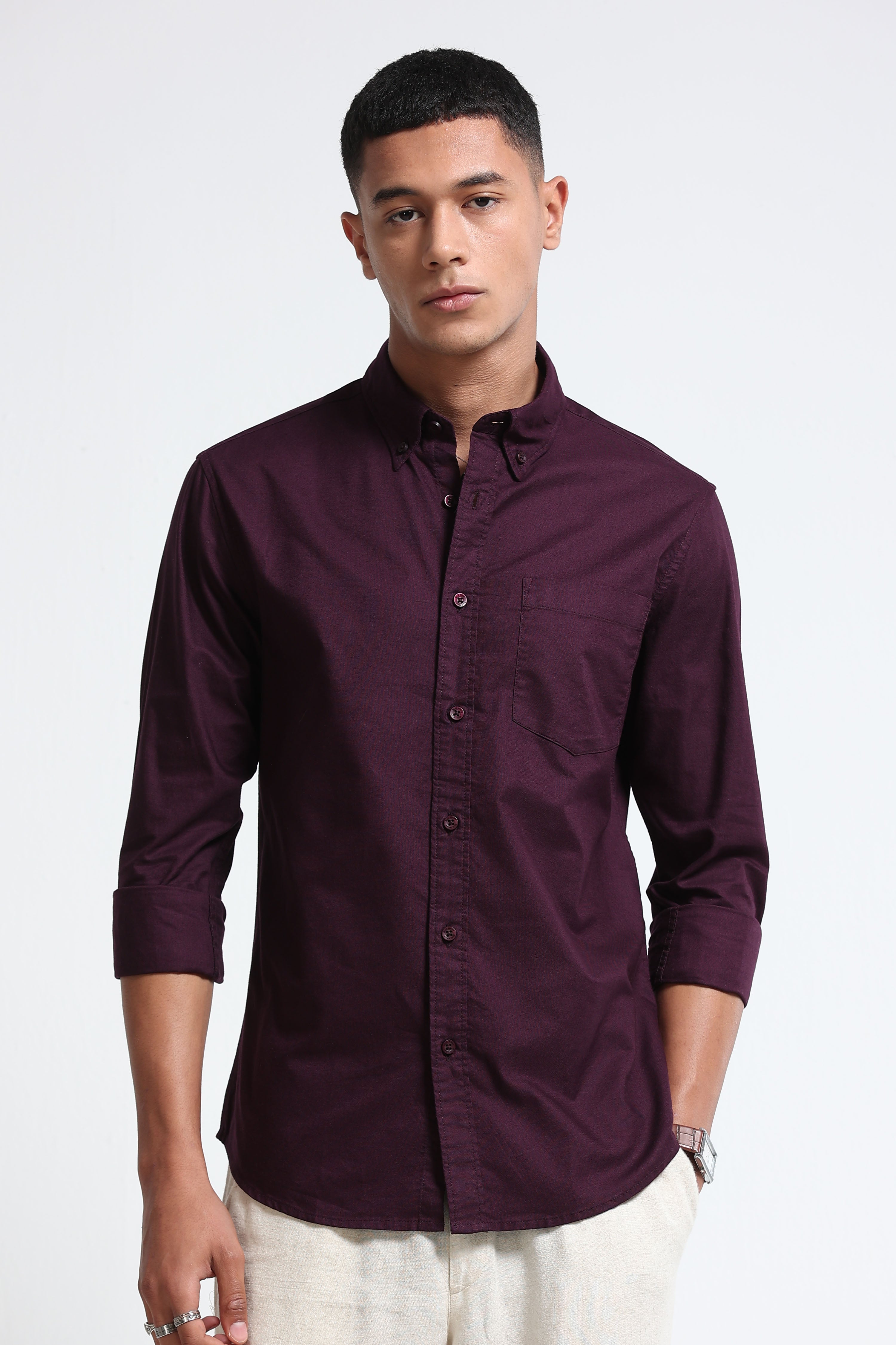 Men Burgundy Cotton Oxford Solid Shirt