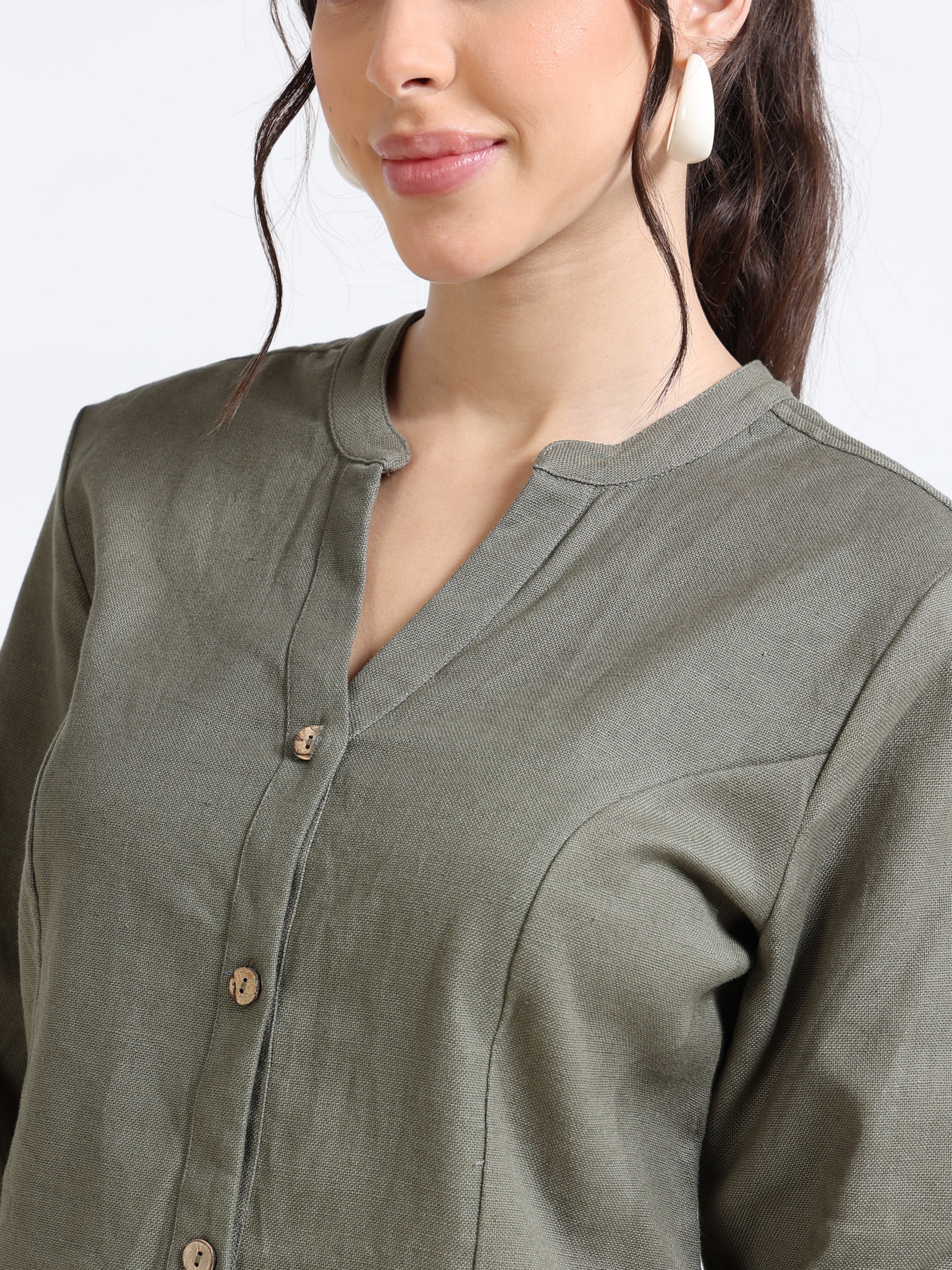 Women Olive Mandarin Collar Shacket
