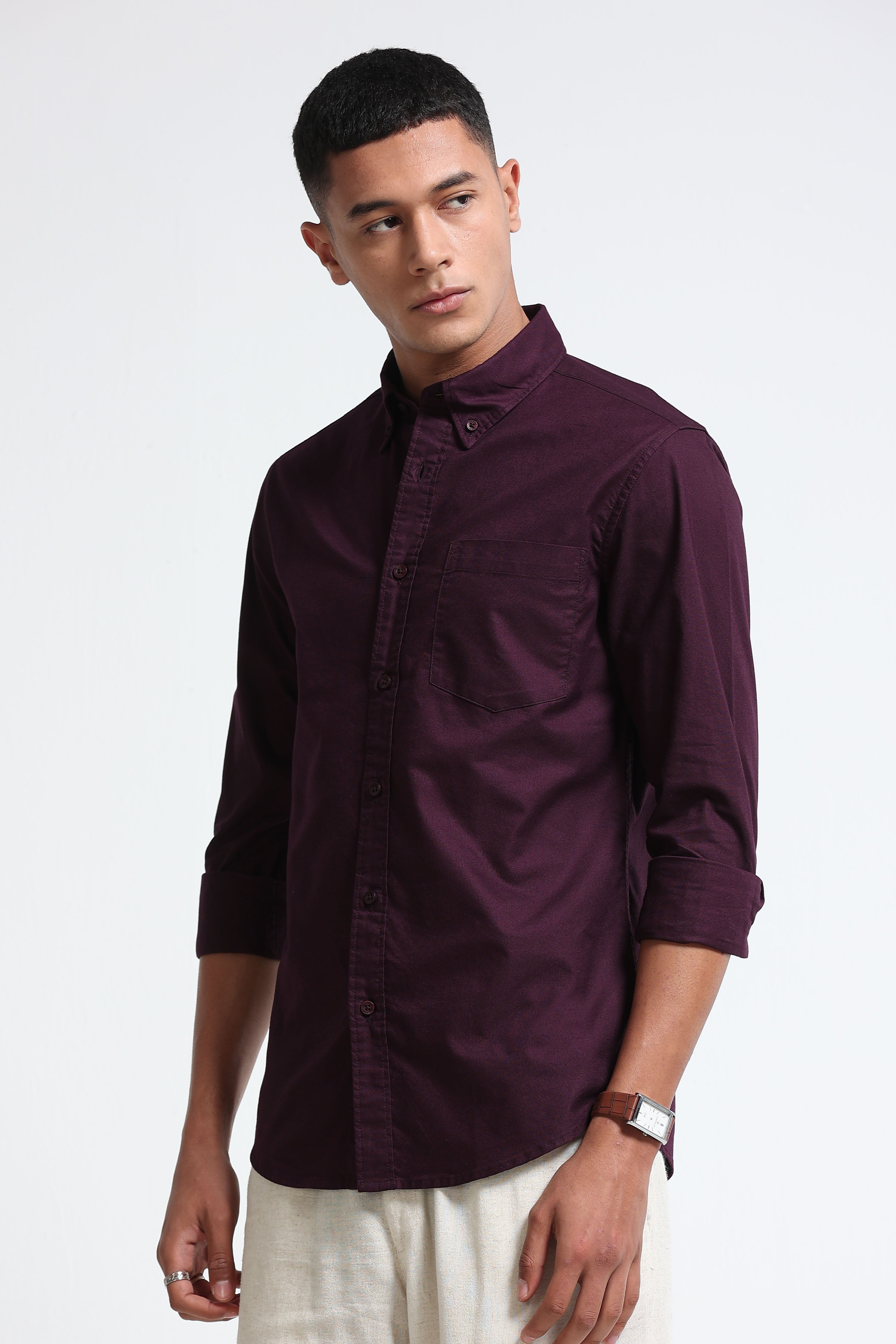 Men Burgundy Cotton Oxford Solid Shirt