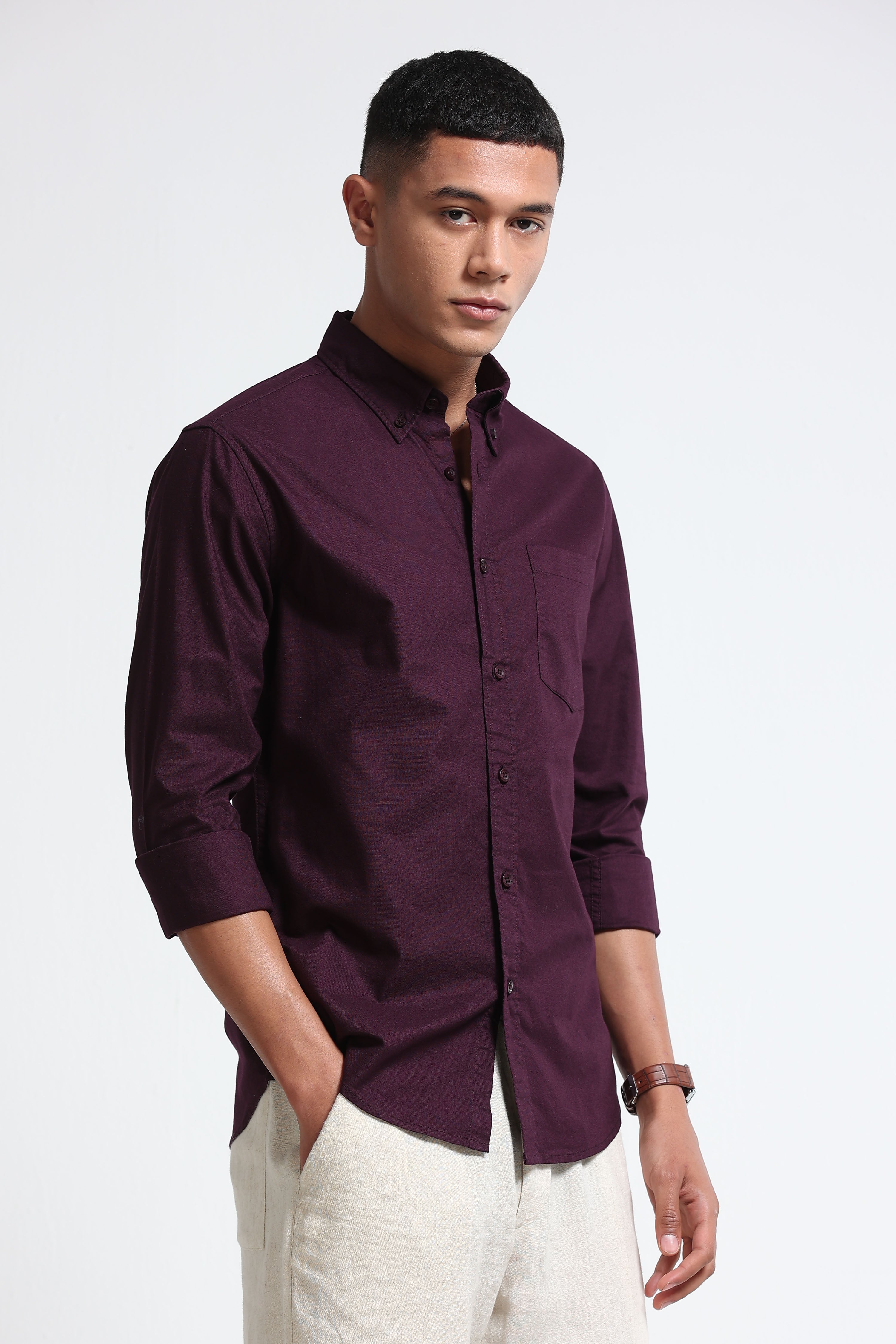 Men Burgundy Cotton Oxford Solid Shirt