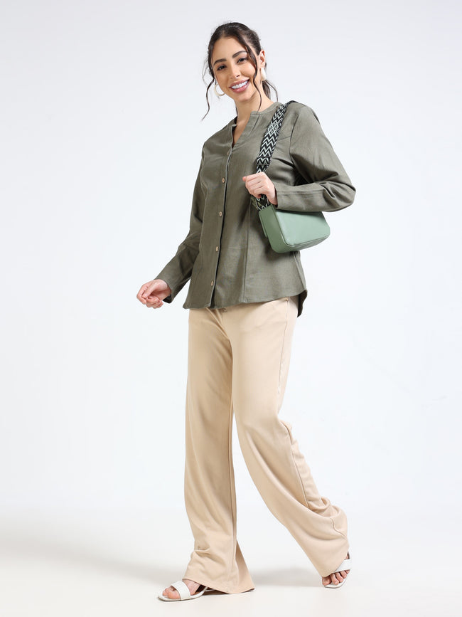 Women Olive Mandarin Collar Shacket