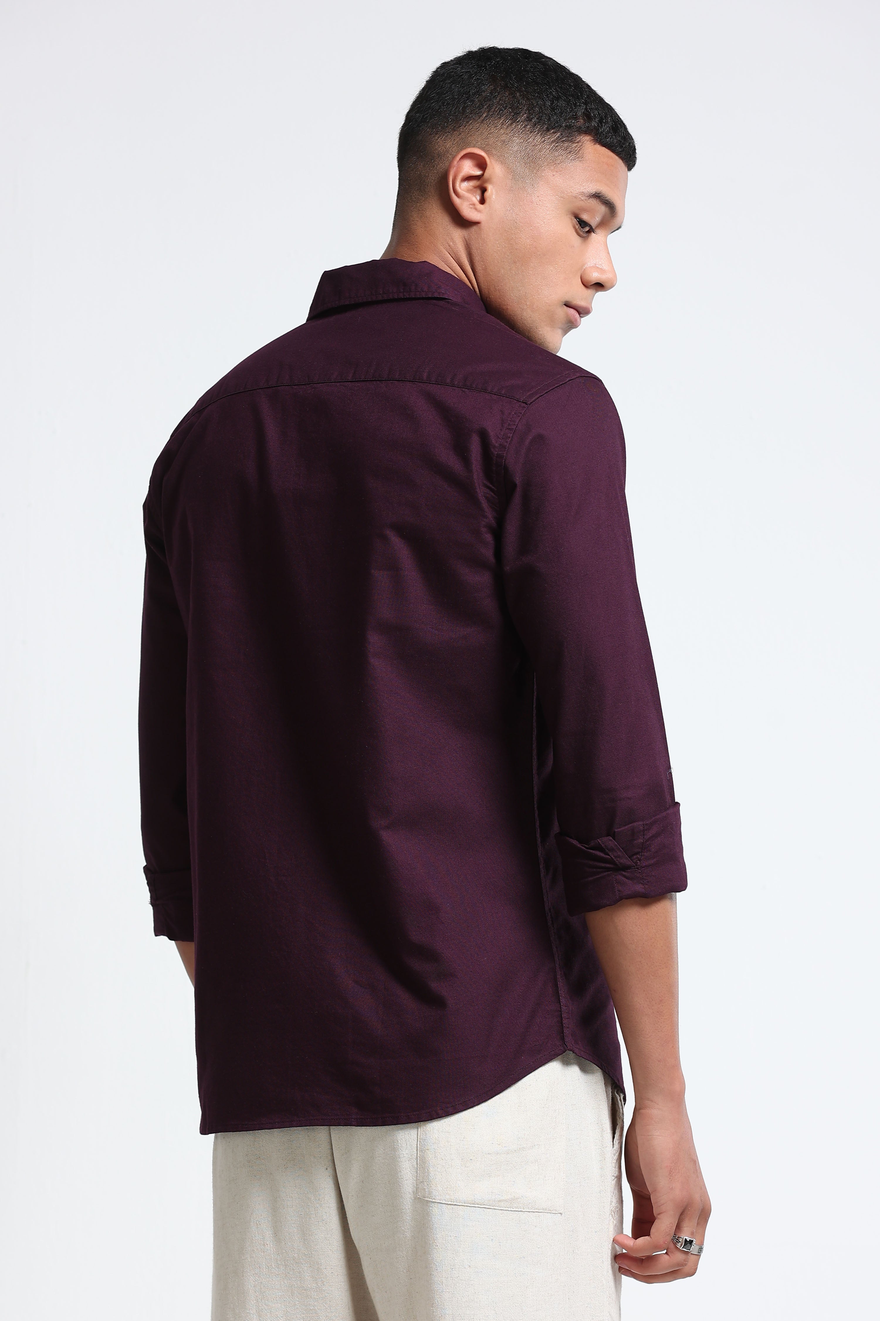 Men Burgundy Cotton Oxford Solid Shirt