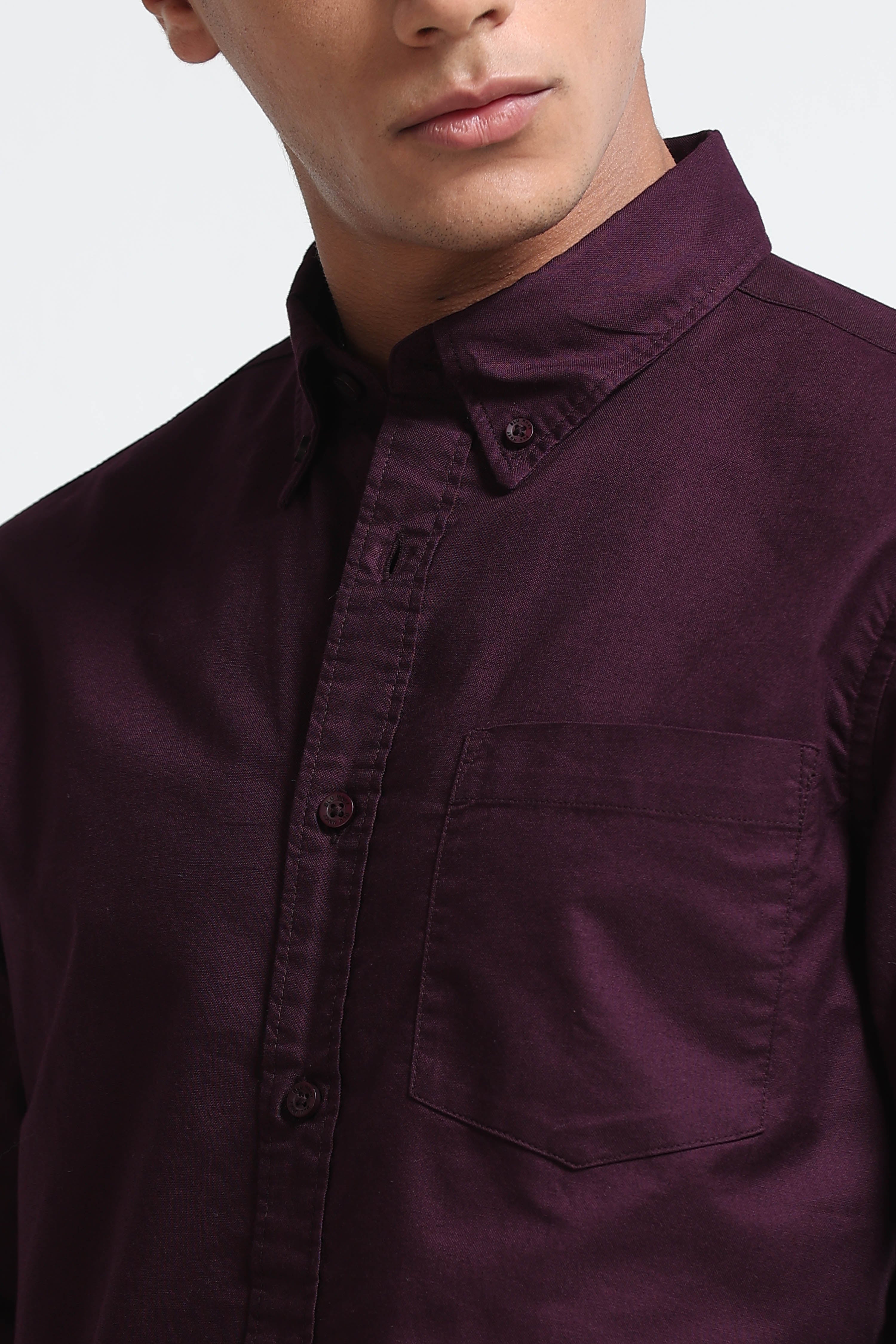 Men Burgundy Cotton Oxford Solid Shirt
