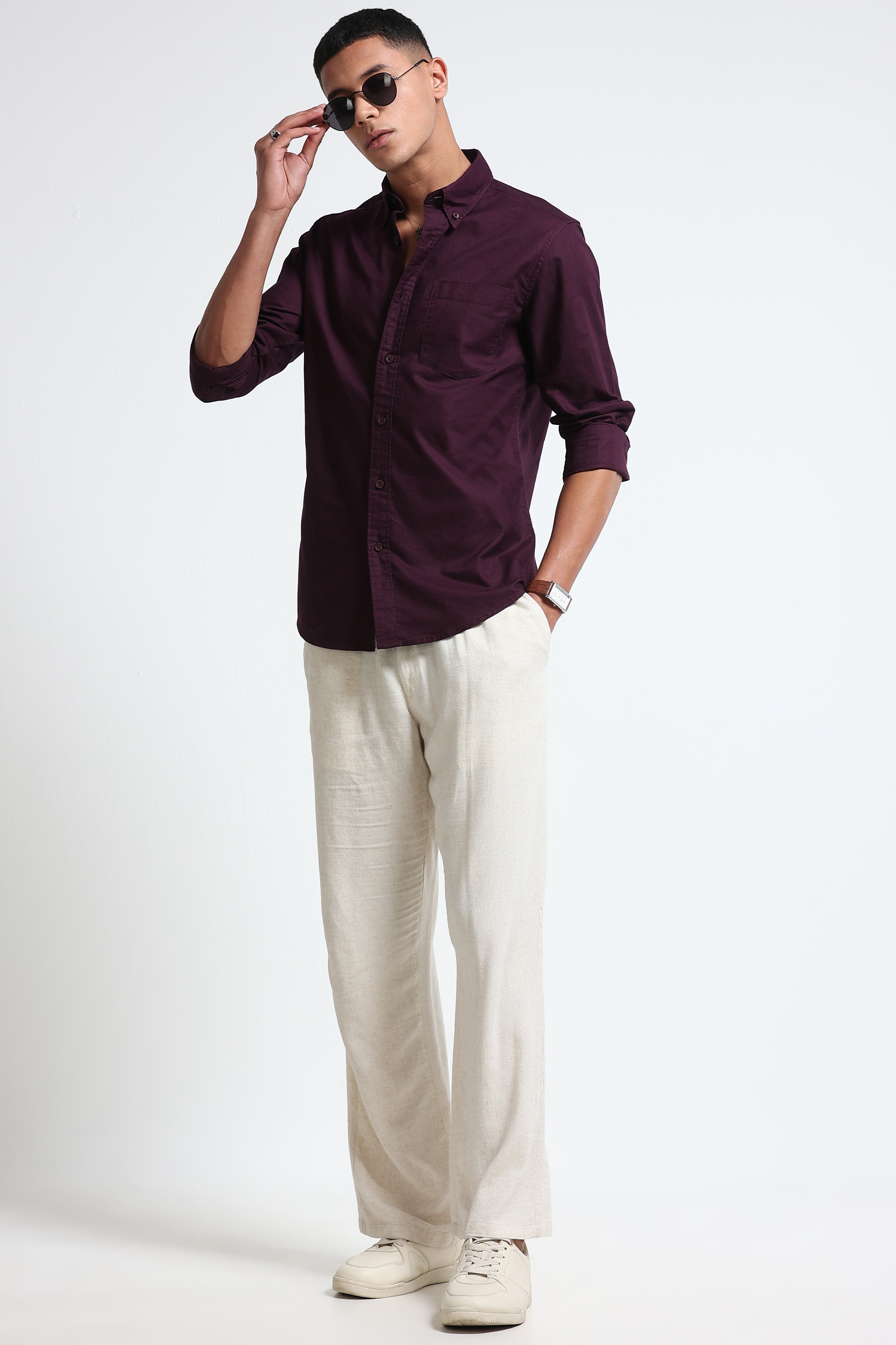 Men Burgundy Cotton Oxford Solid Shirt